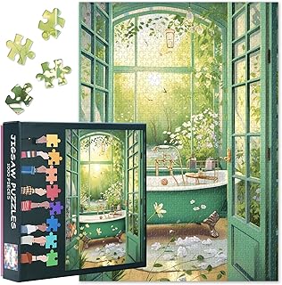 1000 Piece Puzzles for Adults Green Bathroom - Puzzle 1000 Pieces Bathtub, Heavy Challenging Puzzle Botanical Flowers Theme (70 x 50 cm), Family Game Night & Home Decor