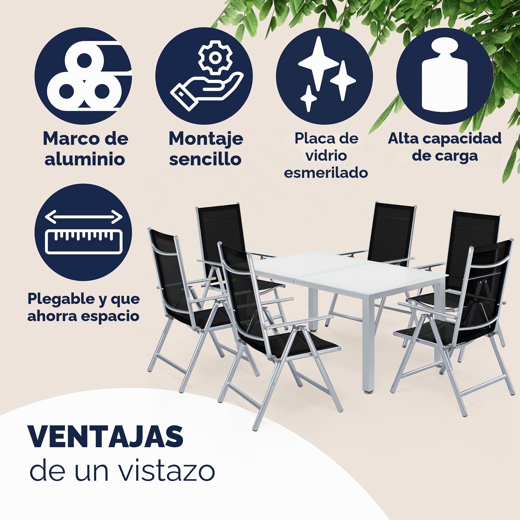 CASARIA Comedor de Jardín Bern 6+1 Aluminio 1 Mesa 150x90 y 6 Sillas Plegables 8 Posiciones Plata 7Pzs