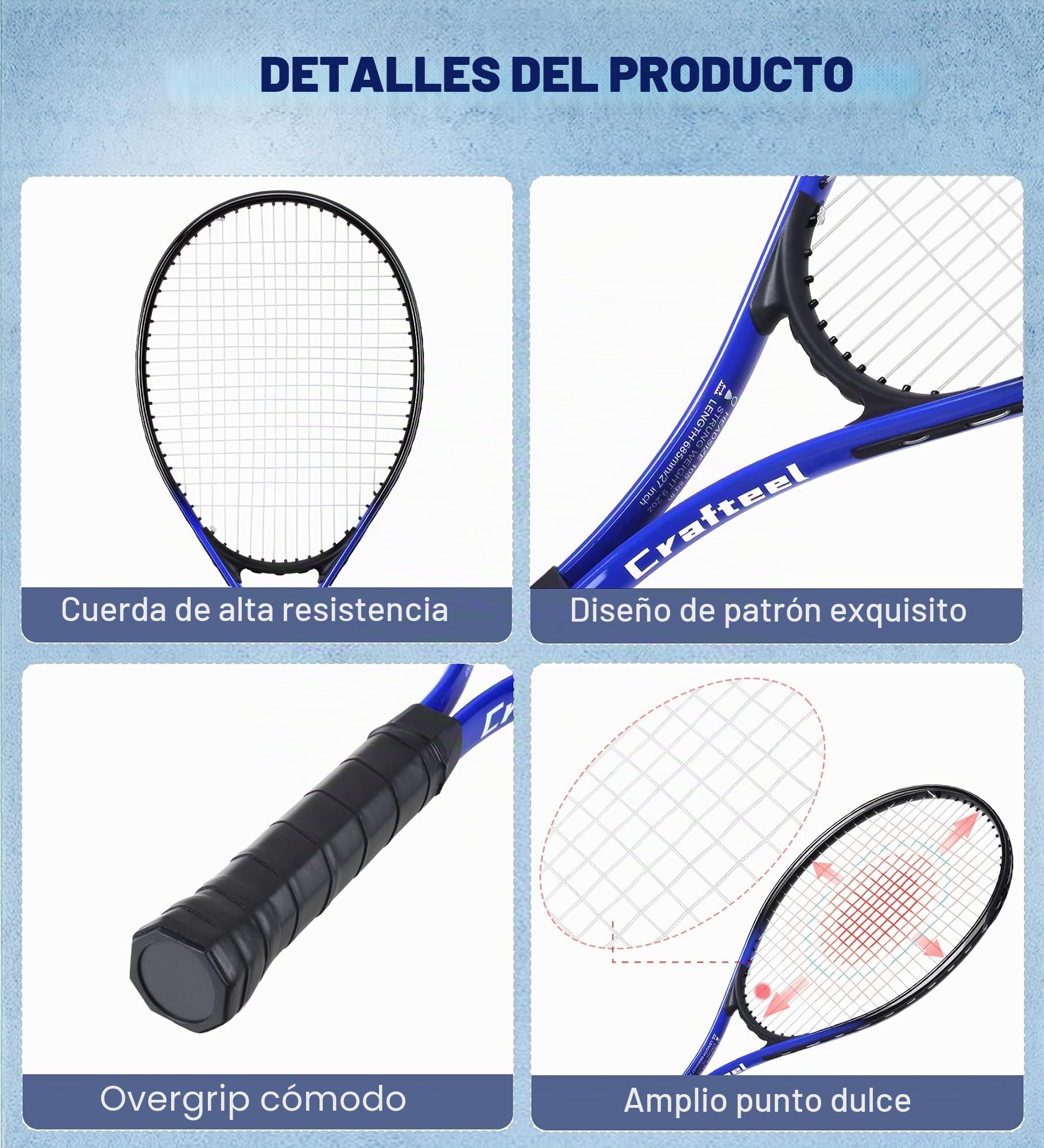 Juego de 2 raquetas de tenis de 27 pulgadas, juego de raquetas de tenis familiares de 27 pulgadas para juegos deportivos recreativos al aire libre
