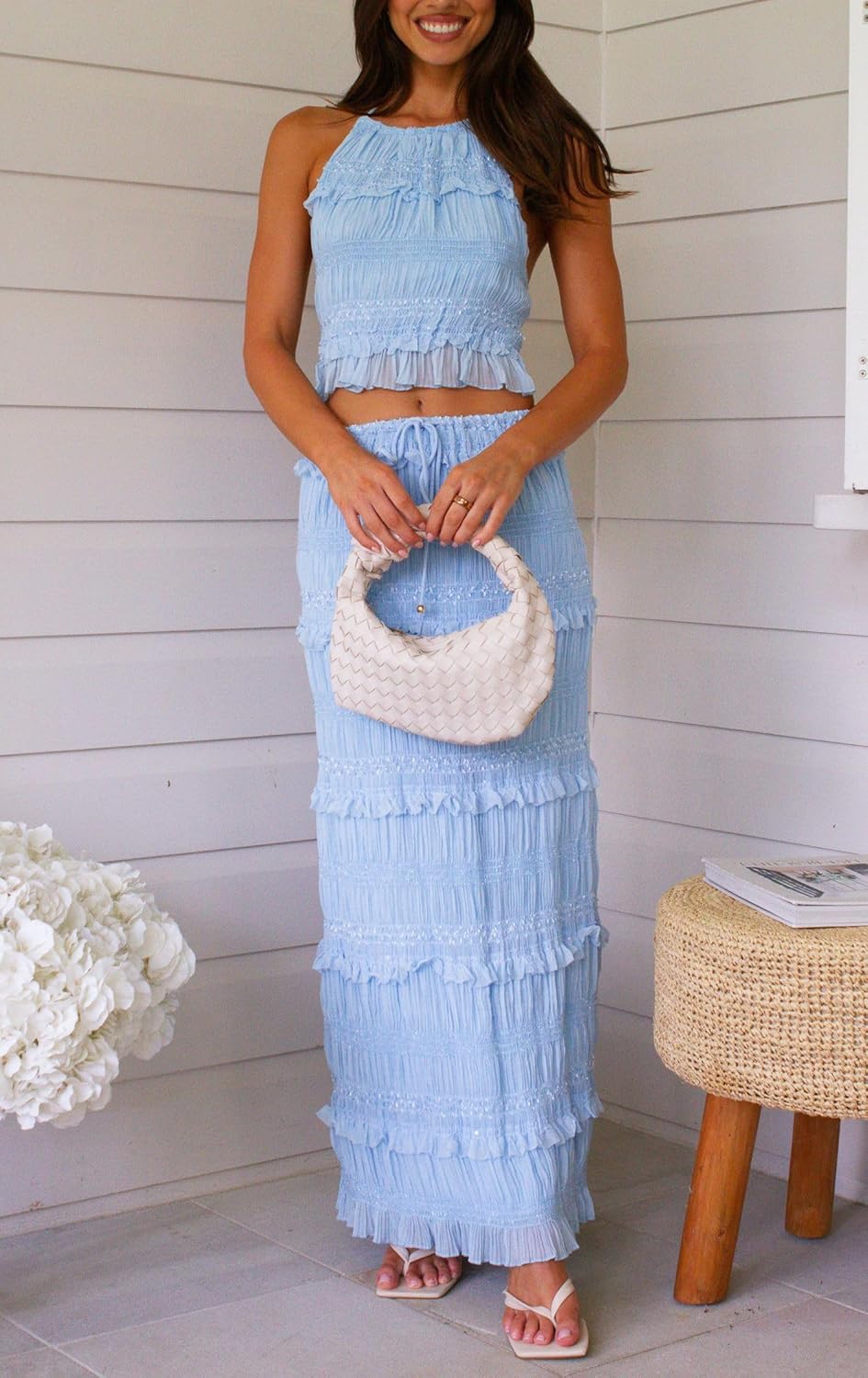 Two Piece Maxi Skirt Sets for Women Summer Ruffle Long Skirt and Tank Top Y2k 2 Piece Set Cocktail Vacation Outfits - Image 2