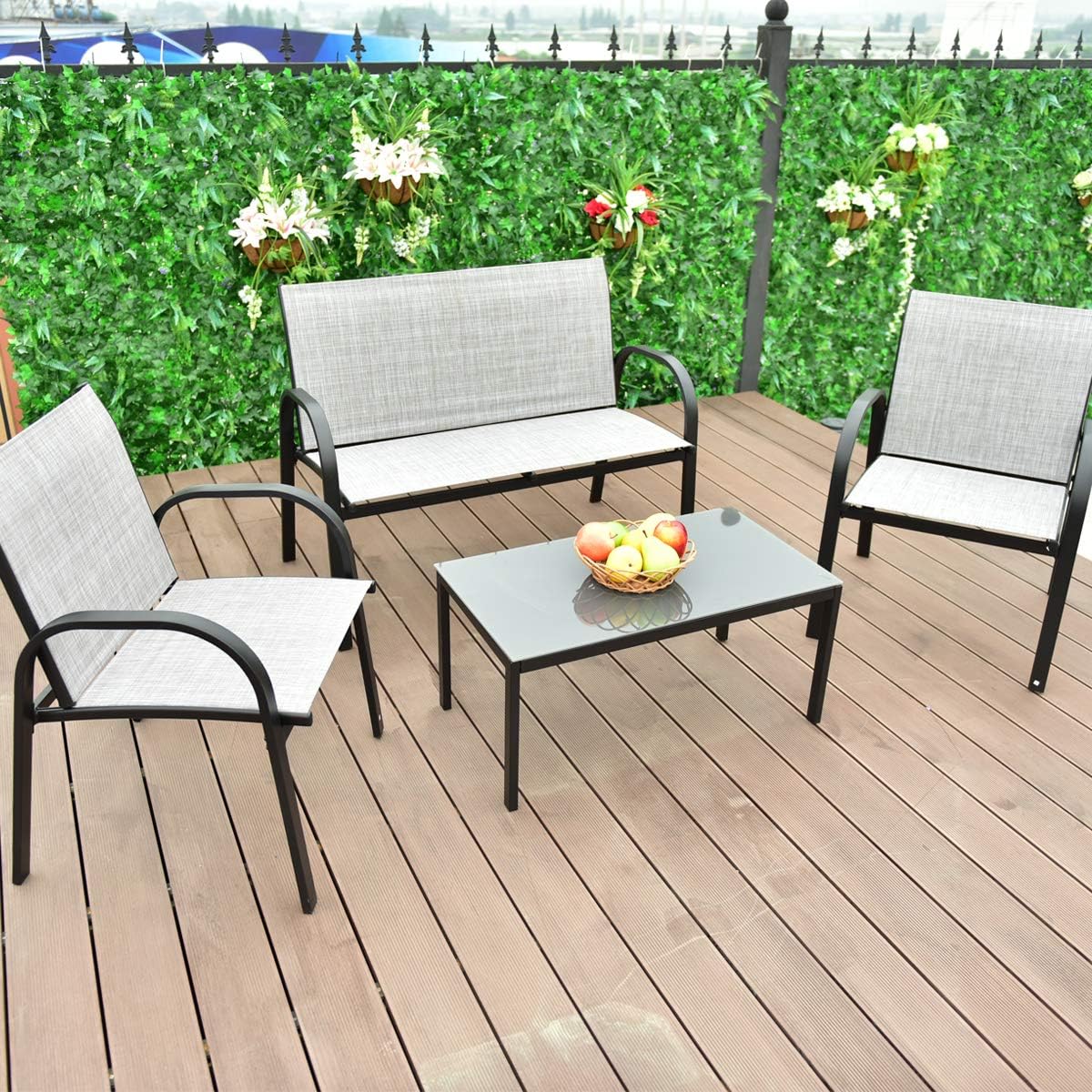 RELAX4LIFE Tavolo e Sedie da Esterno, Tavolino Salotto con Piano in Vetro, Telaio in Metallo, Panchina per Giardino in Tessuto Impermeabile e Anti-UV, Traspirante, Set di 4 Mobili per Esterno (Grigio)