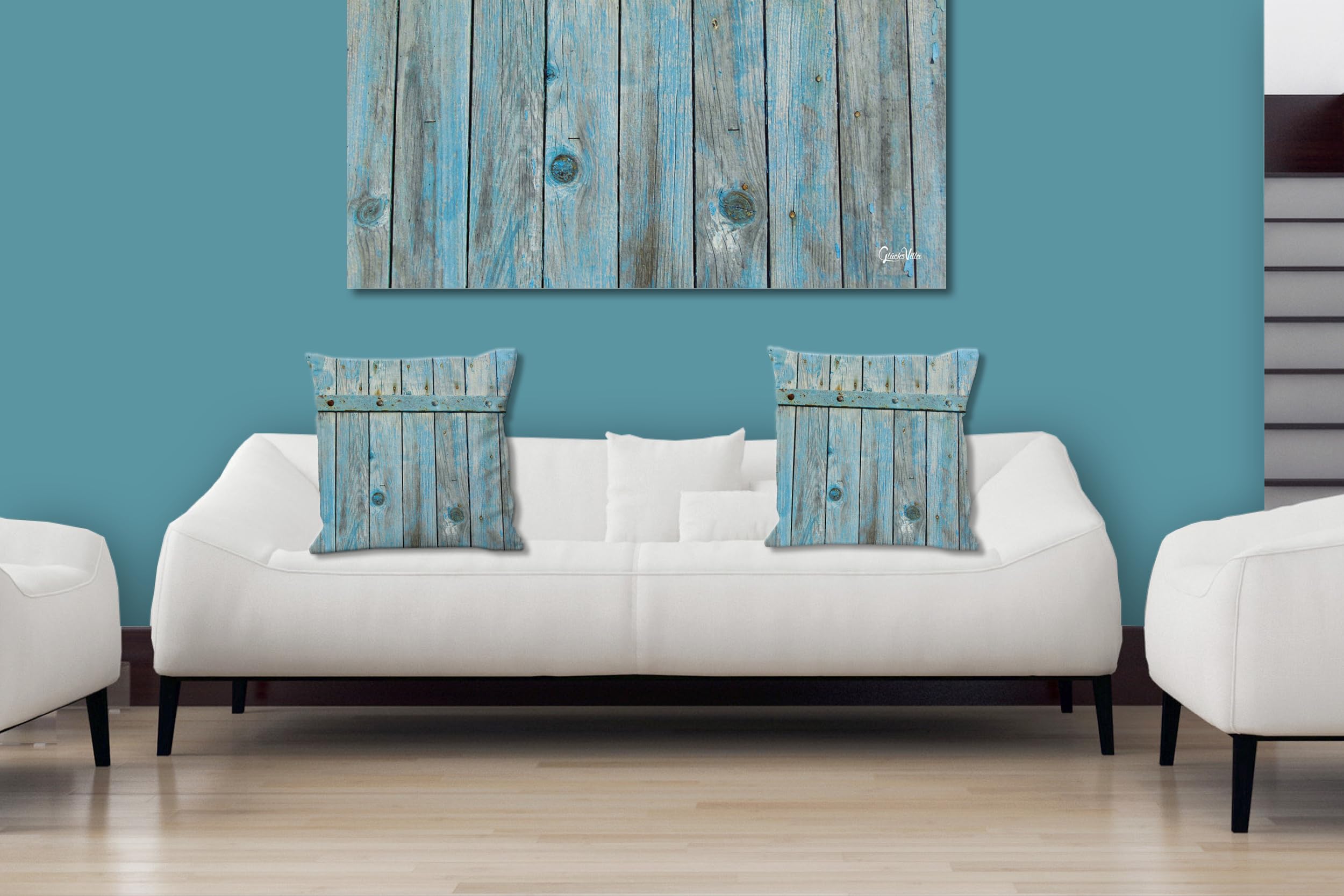 Hinter der Tür - Foto-Kissen-Hülle Set (2 STK.) 40 x 40 cm | Kissen-Bezüge - passend zu Wandbild - Deko-Kissen - Holz Tür Struktur blau