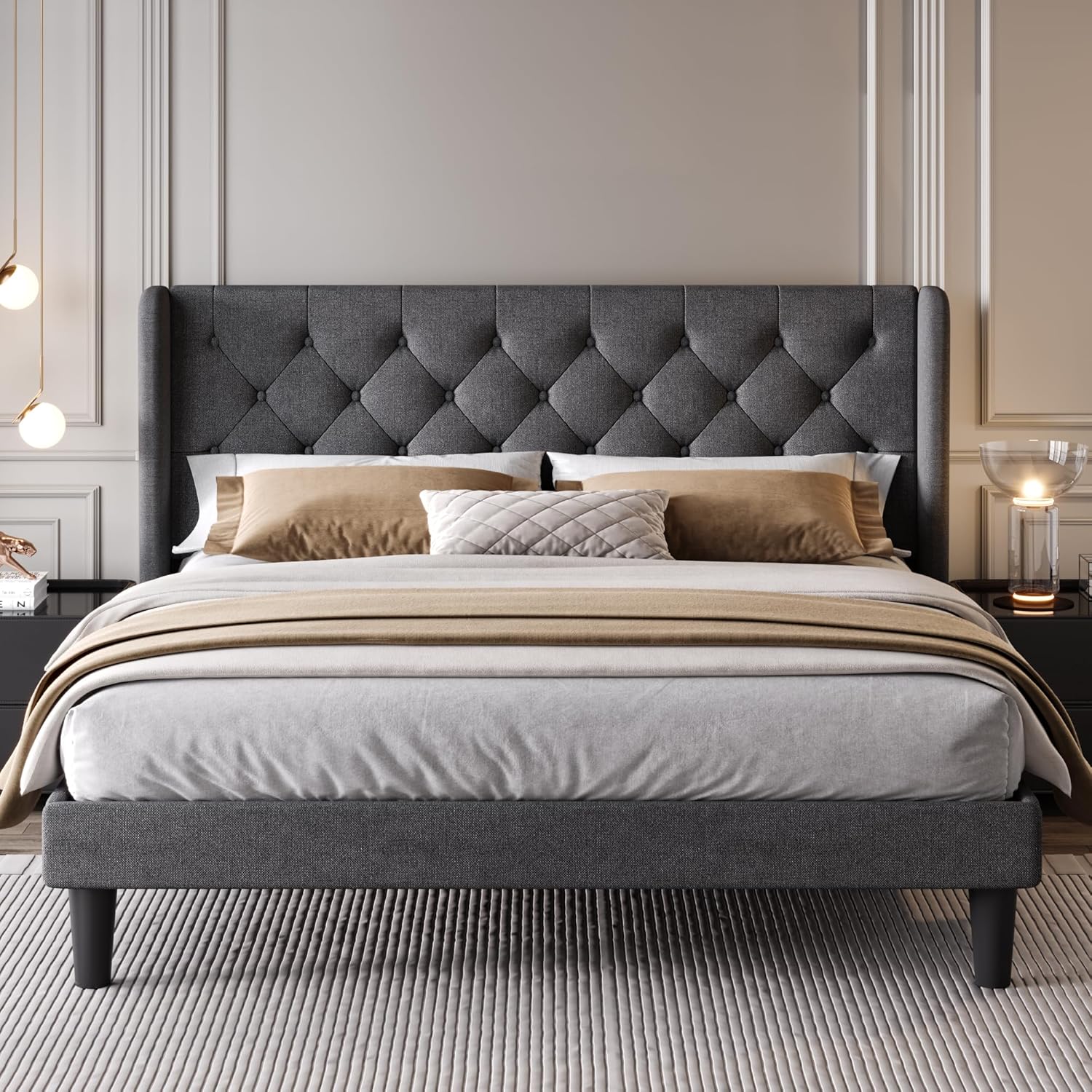 SHA CERLIN King Size Upholstered Platform Bed Frame and Wingback Headboard, Tufted Linen Fabric, Wooden Slats Support, Easy Assembly, No Box Spring Needed, Dark Grey - Image 6