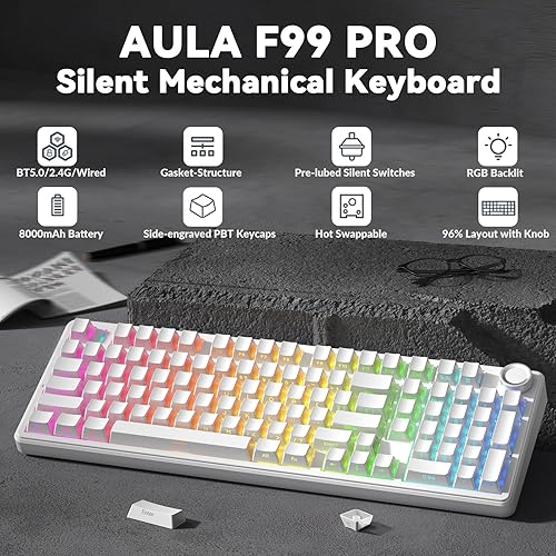 Miniatura 2 de AULA Teclado mecánico inalámbrico F99 Pro, versión silenciosa, BT5.02.4GHzUSB-C, teclado personalizado intercambiable en caliente, estructura de