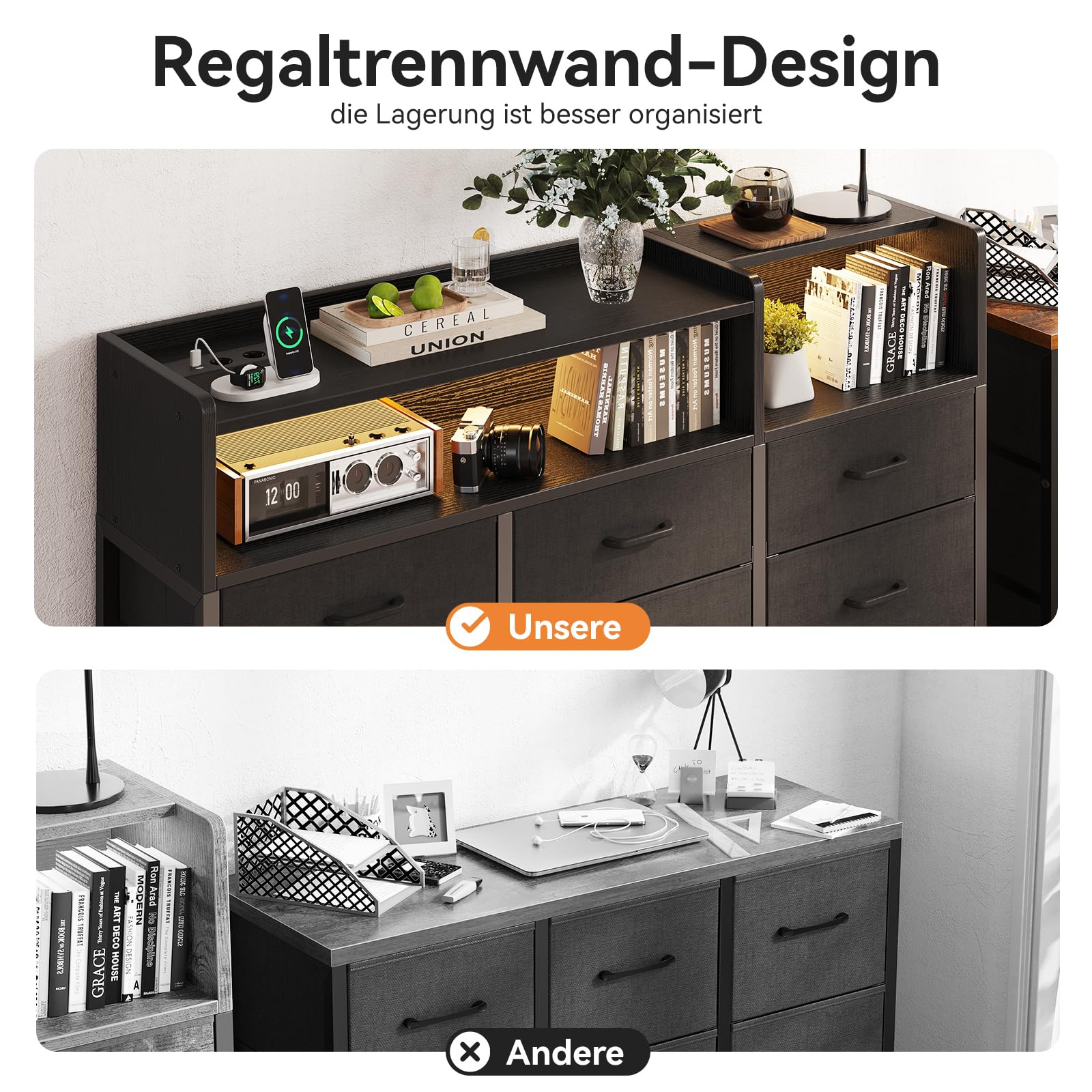 ODK Komoda z szufladami, z 2 gniazdami, 2 USB i 10 kolorowymi paskami LED, komoda z regałem, blat roboczy z 9 szufladami materiałowymi, do sypialni, salonu, 130 x 30 x 97 cm, czarna