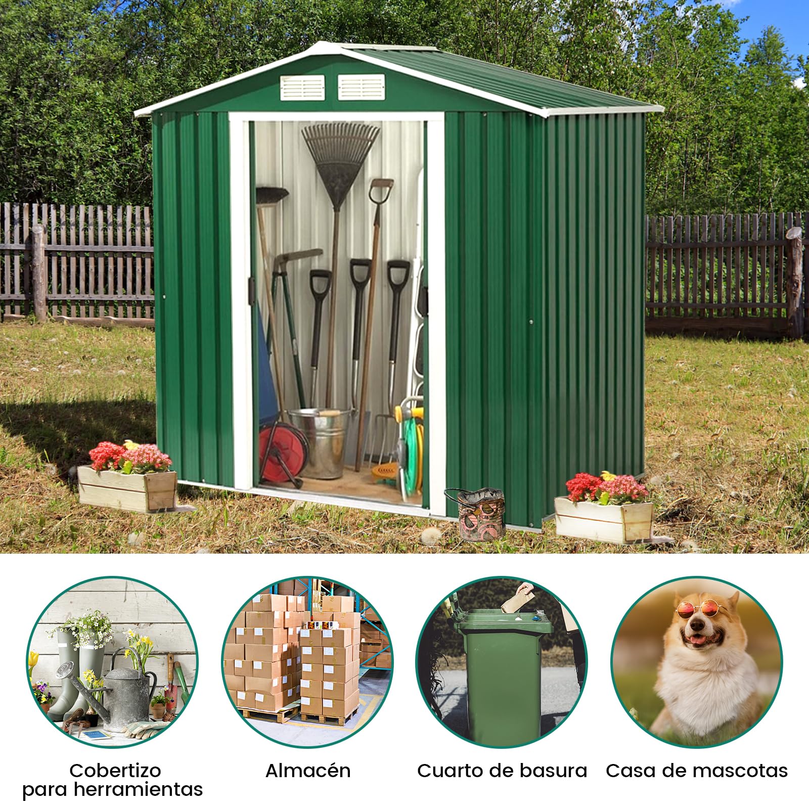 COSTWAY Caseta Jardin Exterior con Base Metálica con Puerta, 213x127x185cm, Exterior Caseta de Jardín Metálica Herramienta Almacenamiento, Cobertizo Jardin Exterior Grande (Verde Oscuro)