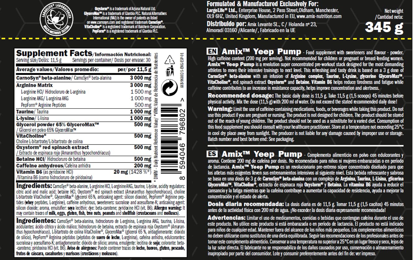 Amix Black Line YEEP PUMP CAFF 345 GR Pre-entreno Sabor Lima
