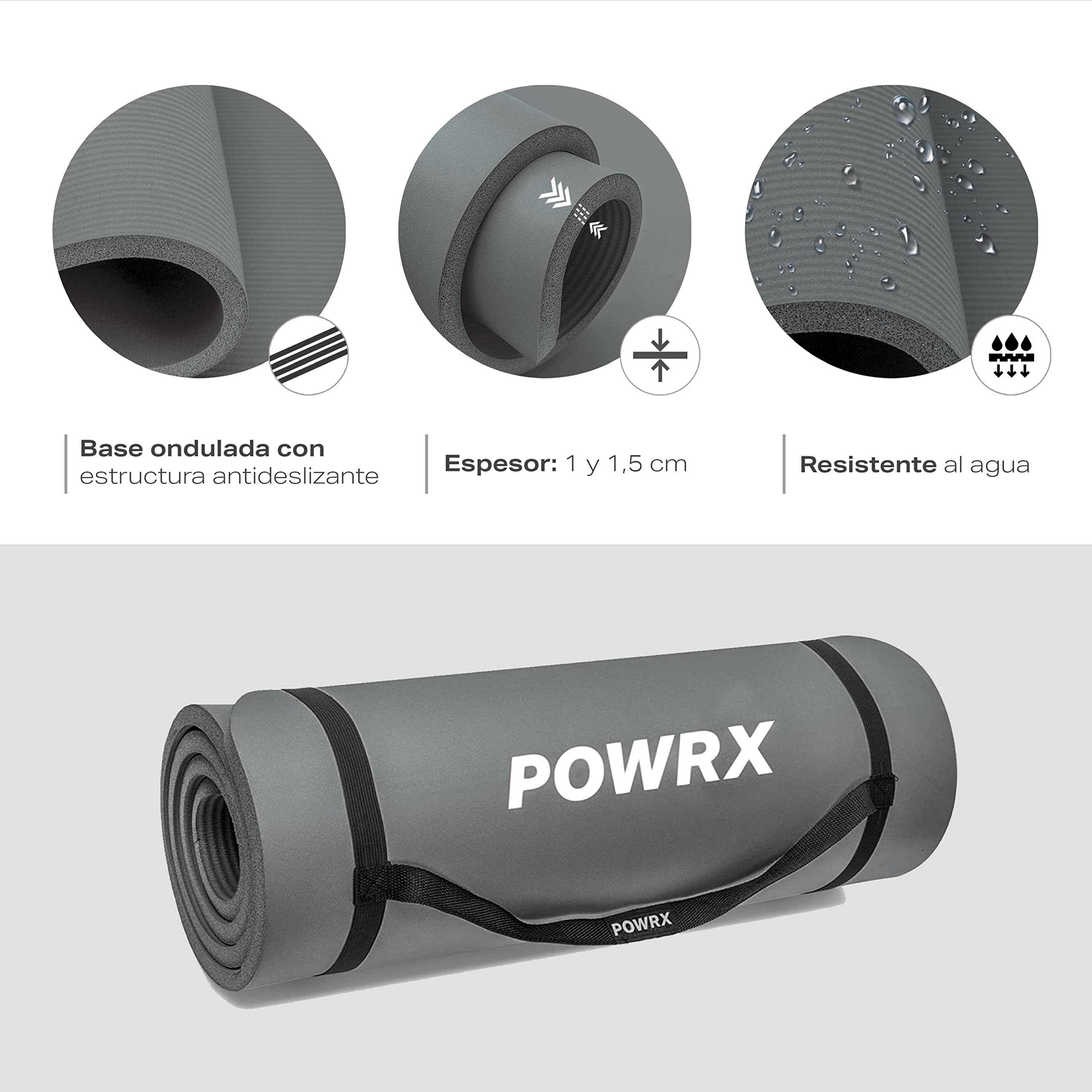 Colchoneta De Fitness POWRX Antideslizante – 190 X 80 X 1.5 Cm, Extra Suave, Ecológica, Incluye Cinta De Transporte, Funda Y Póster De Ejercicios (gris)