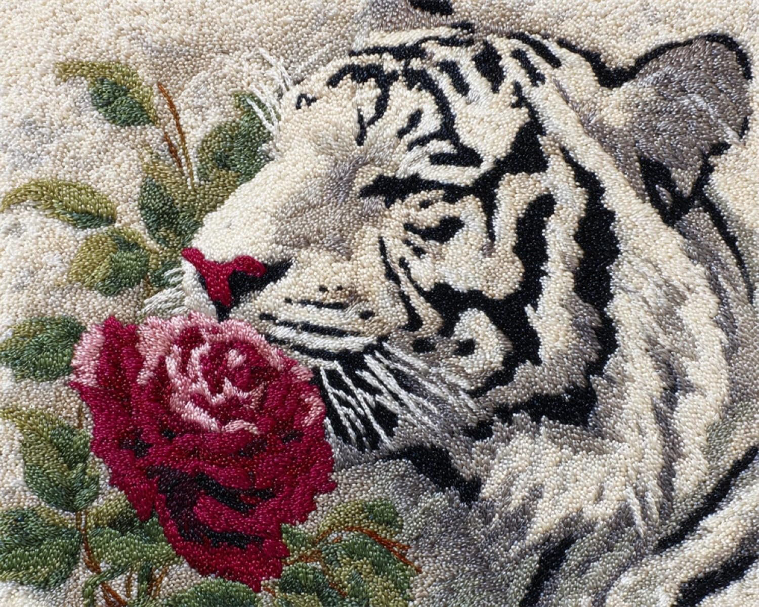 Henypt DIY Knüpfteppich zum Selber Knüpfen Weißer Tiger und Rose 55x75cm