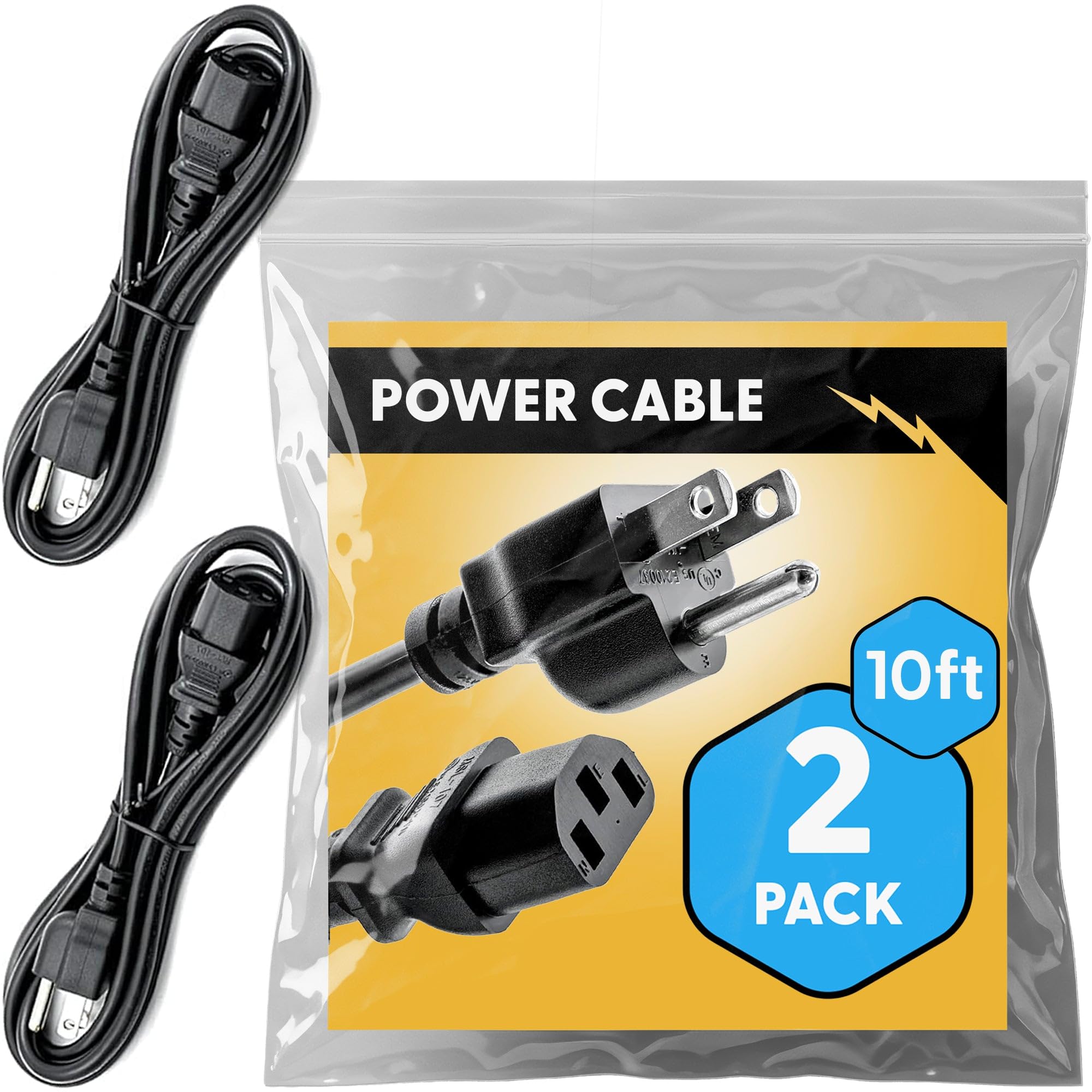 UL Approved 10ft Universal Power Cord (2 Pack) - IEC C13 to NEMA 5-15P Computer Monitor Cable for IT Departments, Data Centers & Bulk Purchasing -