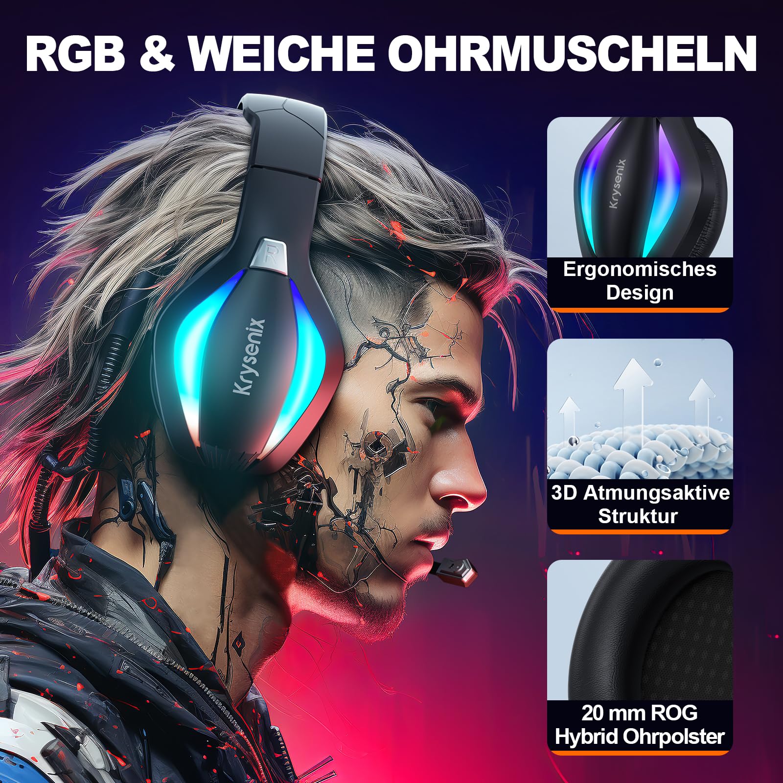 Krysenix PG1 RGB Gaming Headset für PS4, PS5, PC, Nintendo Switch, Xbox, Headset mit Mikrofon, Gaming Kopfhörer mit Mikrofon, Noise Cancelling Kopfhörer mit 3.5mm Klinke Schwarz