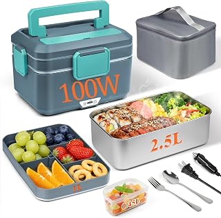 Electric Lunch Box for Adults Truck Drivers,100W 3.5L 2-Layer 2.5L+1L Dual Food Warmer,Detachable 304 Stainless Steel Liner,12V/24V/110V Lonchera Eléctrica with Cutlery & Insulated Bag (Grey)