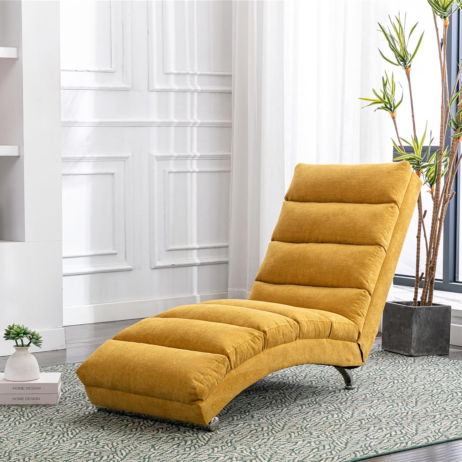 58" LinenElectric Massage Lounger 5 Modes,Modern Massage Chaise with Side Pocket&Remote Control,Upholstered Chaise Lounge for Office,Living Room,Bedroom,Apartment,Mustard