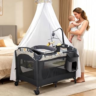 MURAMASA Cuna para Bebe con Mosquitera Corral con 2 Ruedas Muebles para Bebe De Viaje Versátil para Tu Niños Pequeños Ideal para Niños y Niñas De 6-36 Meses De Edad 102x72x170CM（Gris）