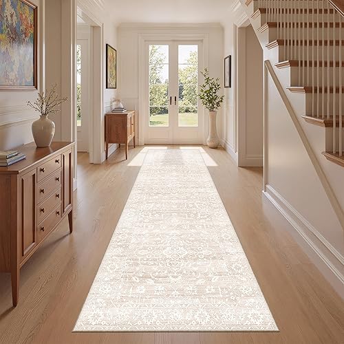 Miniatura 4 de Alfombra lavable, camino vintage de cocina, antideslizante, plegable, alfombra de pasillo para entrada, lavandería, habitación, 2.5 x 8 pies, beige