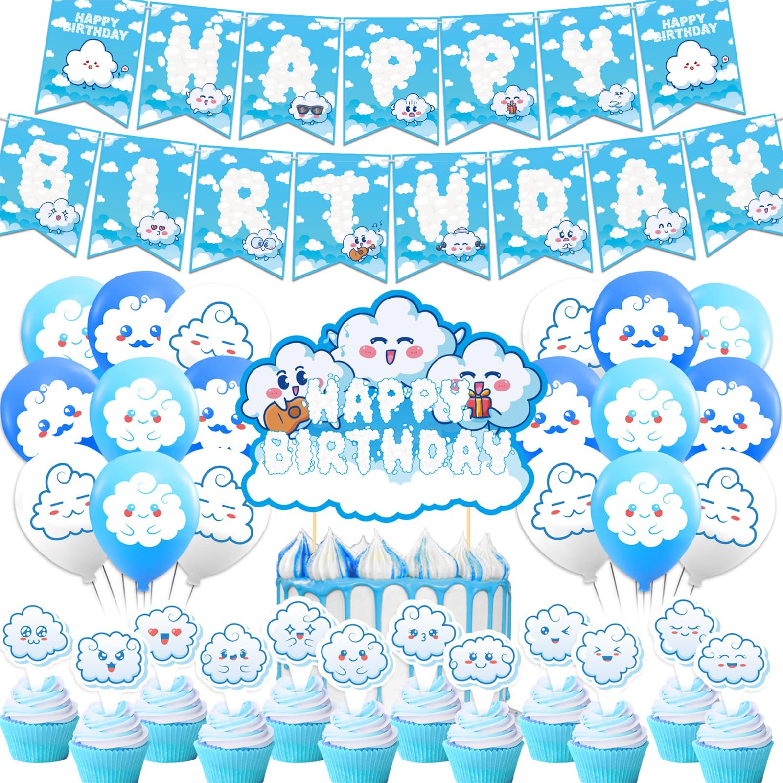 White Cloud Party Decorations Cloud Birthday Party Supplies Includes Blue Sky White Cloud Happy Birthday Banner Cake Topper Cupcake Toppers Balloons for Birthday Party Cloud Baby Shower Decorations