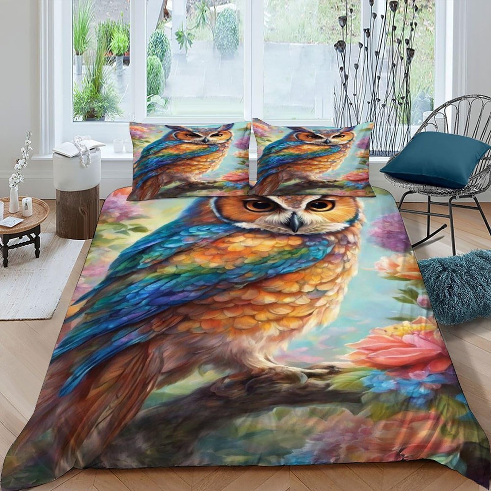 Parure de lit king 220x240cm motif hibou finitions haut de gamme