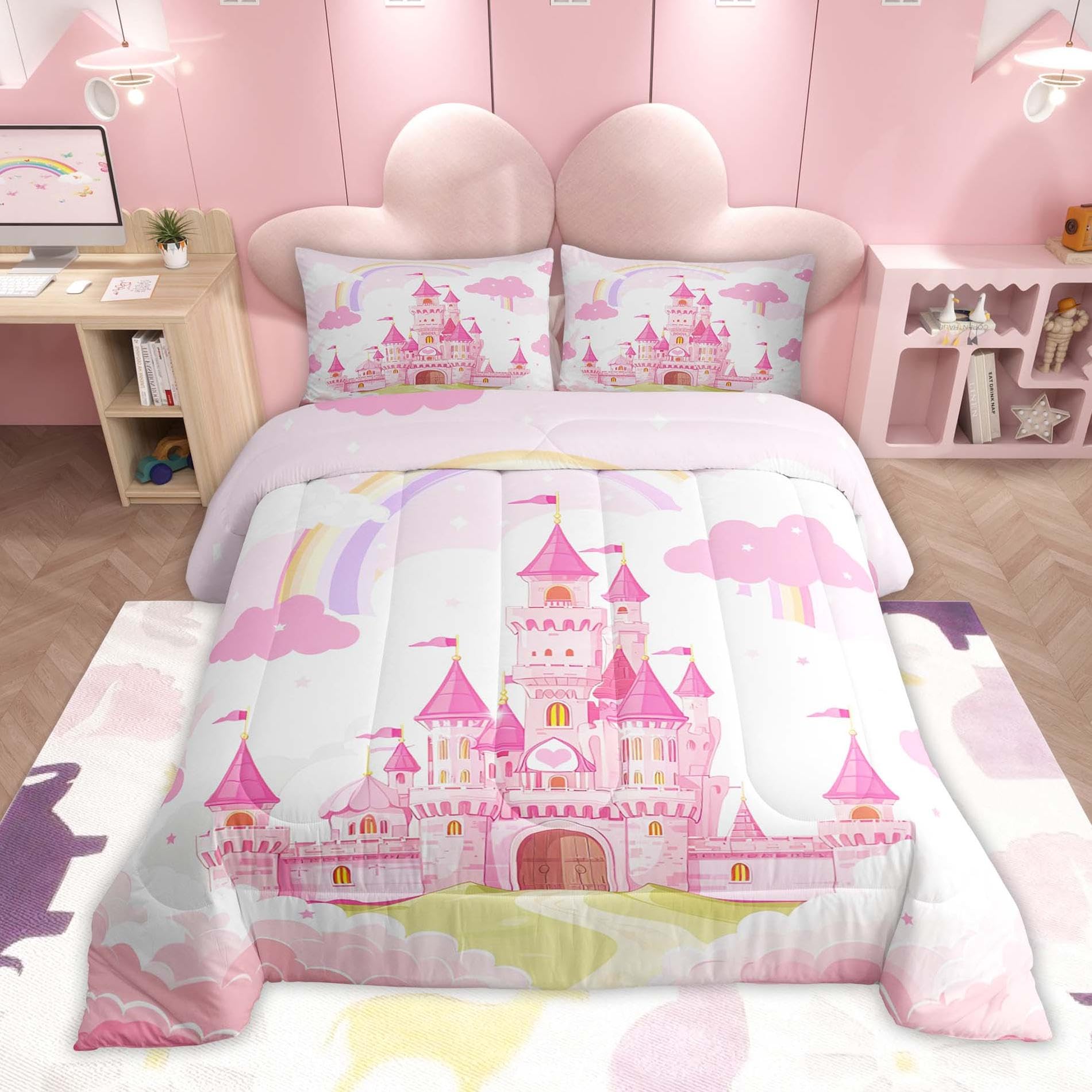 Feelyou Kids Twin Pink Castle Comforter Set Boys Rainbow Castle Bedding Set Girls Princess Comforter Fairy Tales Duvet Set Girls Bed Set 2Pcs