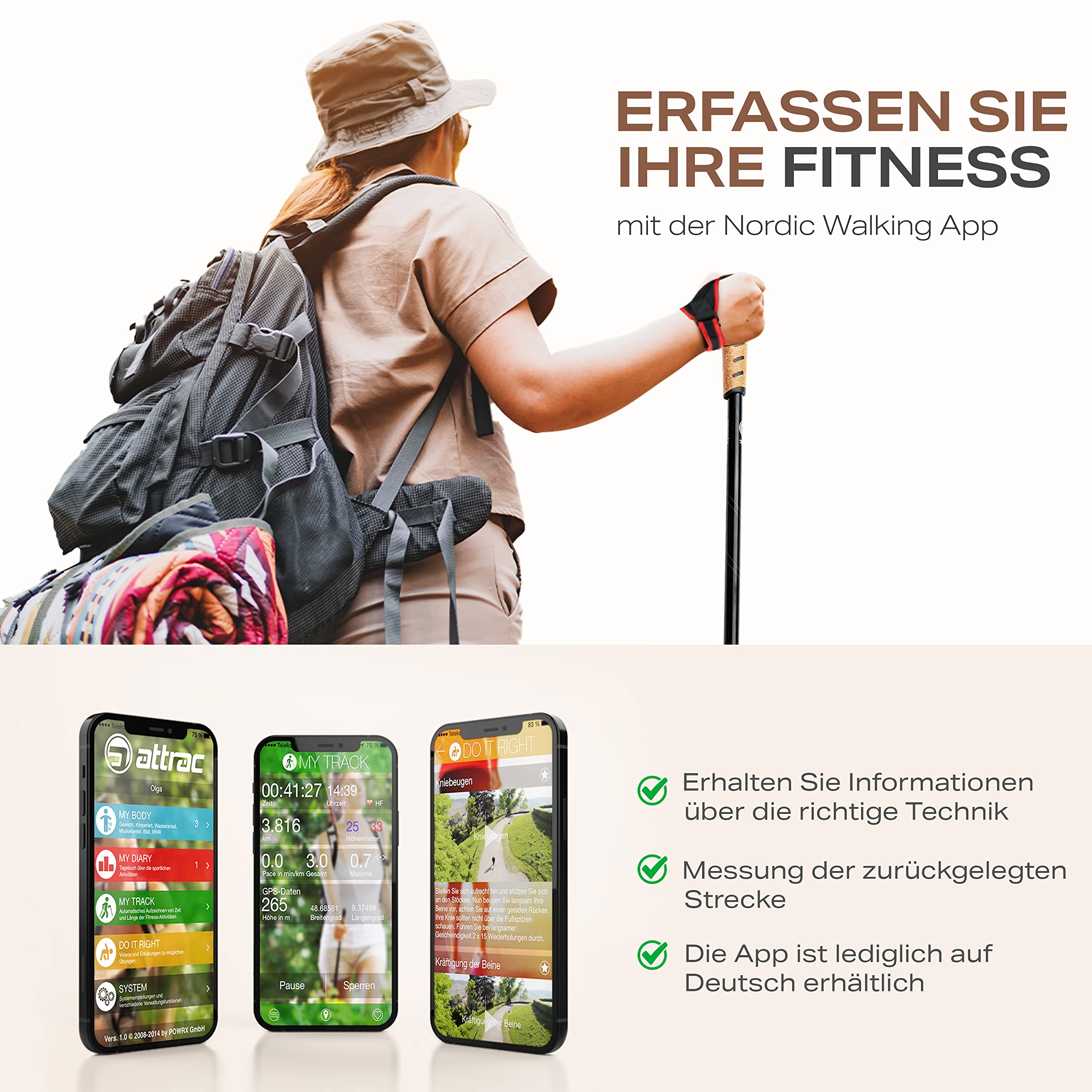 Attrac Wanderstöcke Faltbar - 69-136 cm Nordic Walking Stöcke - Aluminium Trekkingstöcke Mit Anti-Shock Dämpfung – Leicht, Verstellbar und rutschfest für Wandern und Outdoor
