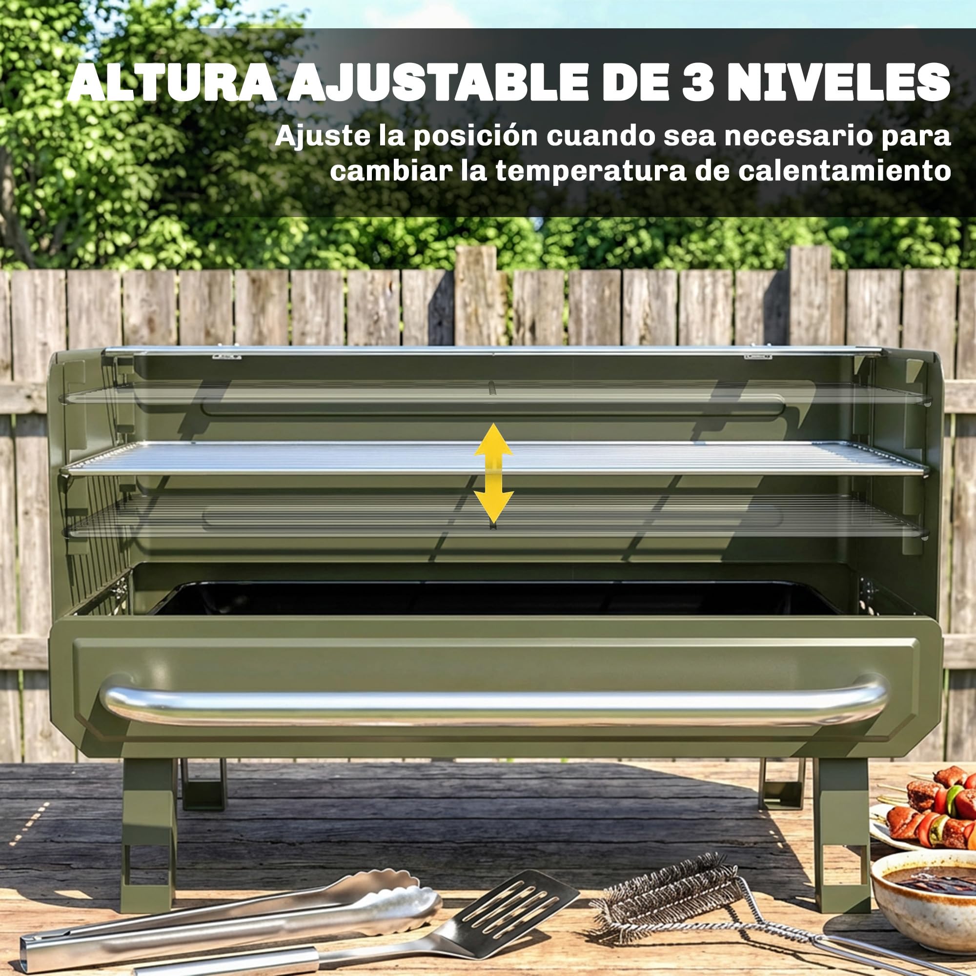 Outsunny Barbacoa de Carbón Plegable, Barbacoa Portátil, 52x37x31,8 cm, con Rejilla Ajustable, Estante Lateral Plegable y Bandeja de Carbón Extraíble, para Camping, Picnic, Fiesta en Jardín, Verde