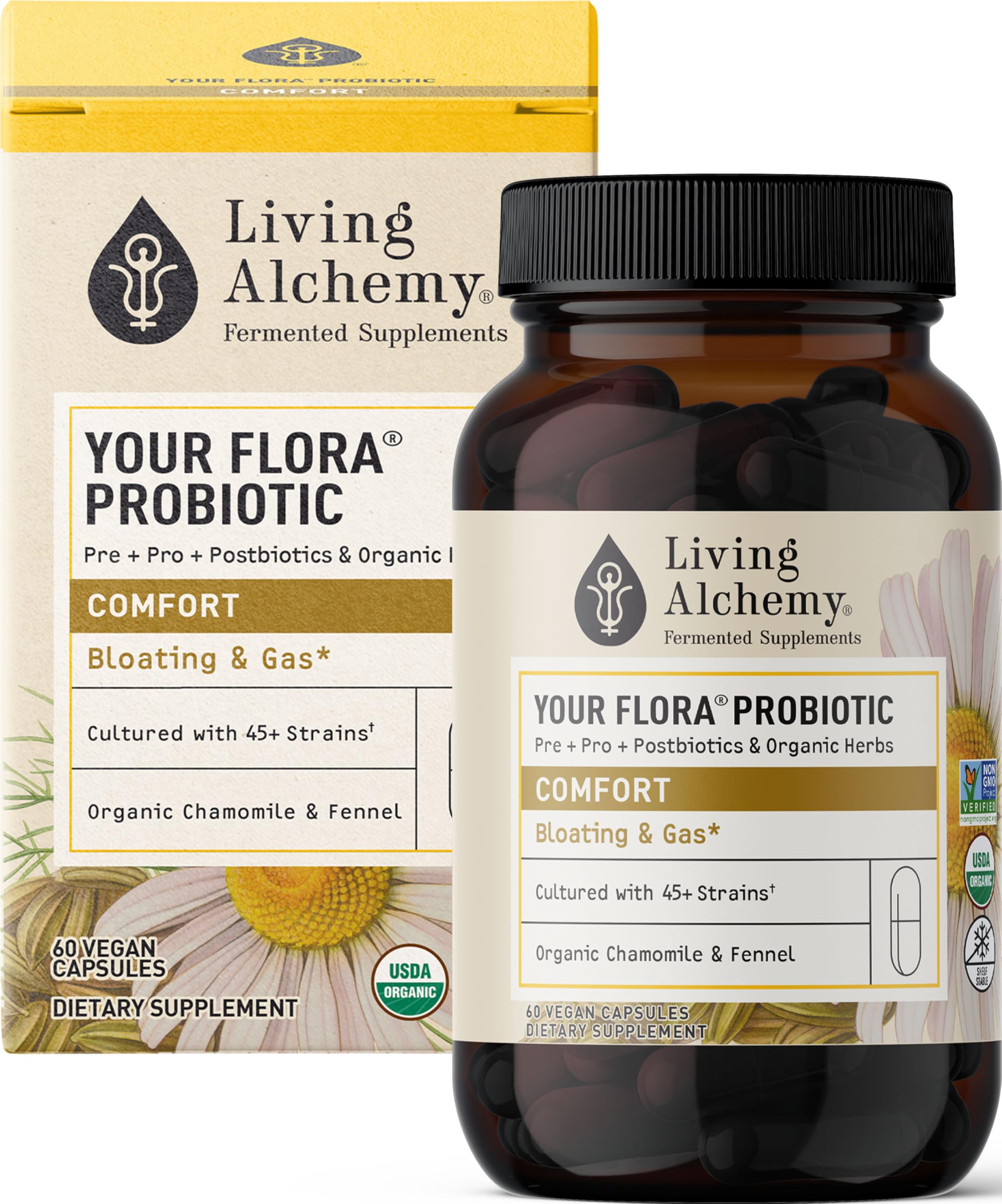 Your Flora Probiotic Comfort – Non-GMO Probiotics with Fermented Soybean, Chamomile, Fennel, Prebiotics, Digestive Enzymes for Digestion & Bloating – Prebiotics, Postbiotics – Living Alchemy, 60 PcsUSDA Organic