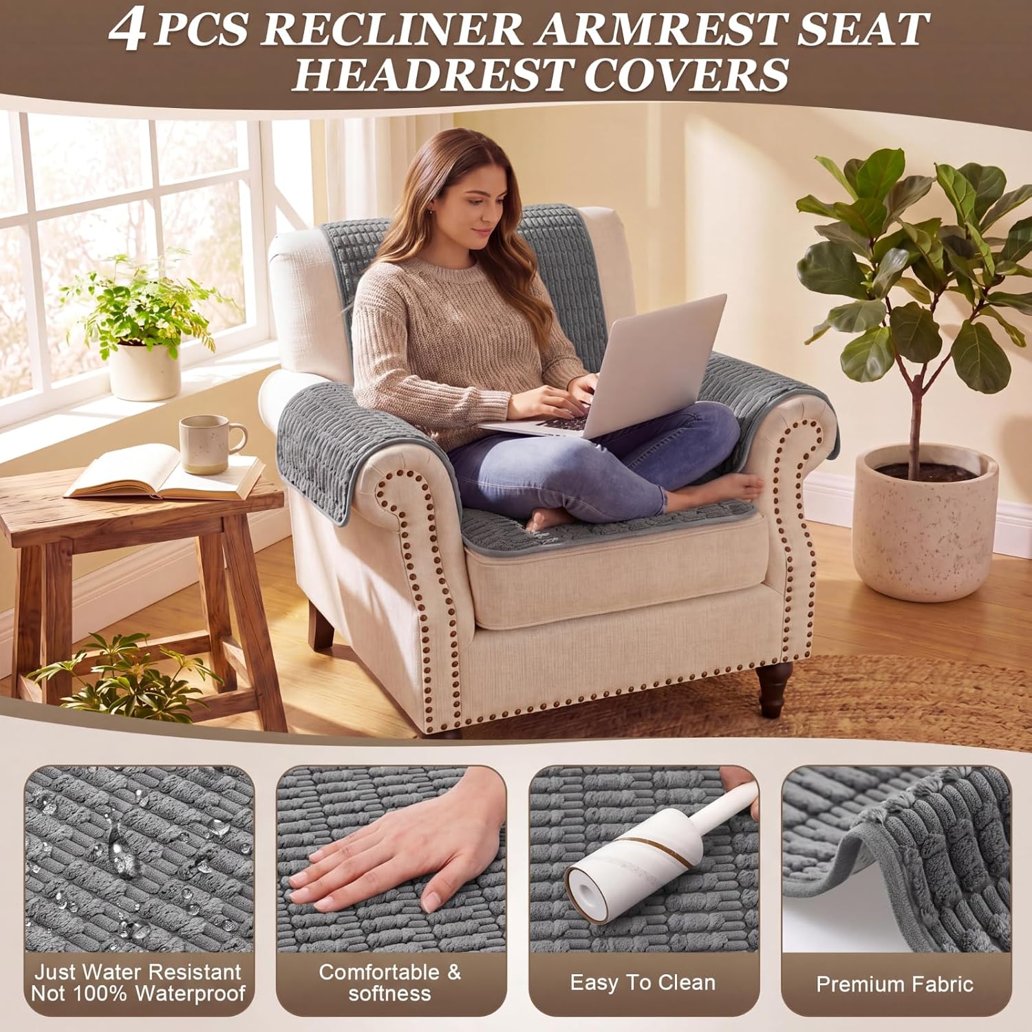 Set of 4 Couch Arm Covers, Corduroy Sofa Arm Covers 20 x 24 Inch and 26 x 26 Inch, Non Slip Armrest Protectors for Couch, Recliner, Armchair, Loveseat, Furniture Protector (Grey)