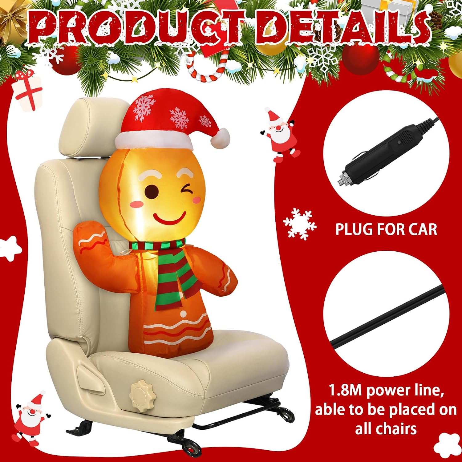ROCEEI Christmas Inflatable Car Decoration Christmas LED Lights Decoration Xmas Blow Up Decor for Xmas Holiday Car Accessories(Red Hat Gingerbread Man) image 3