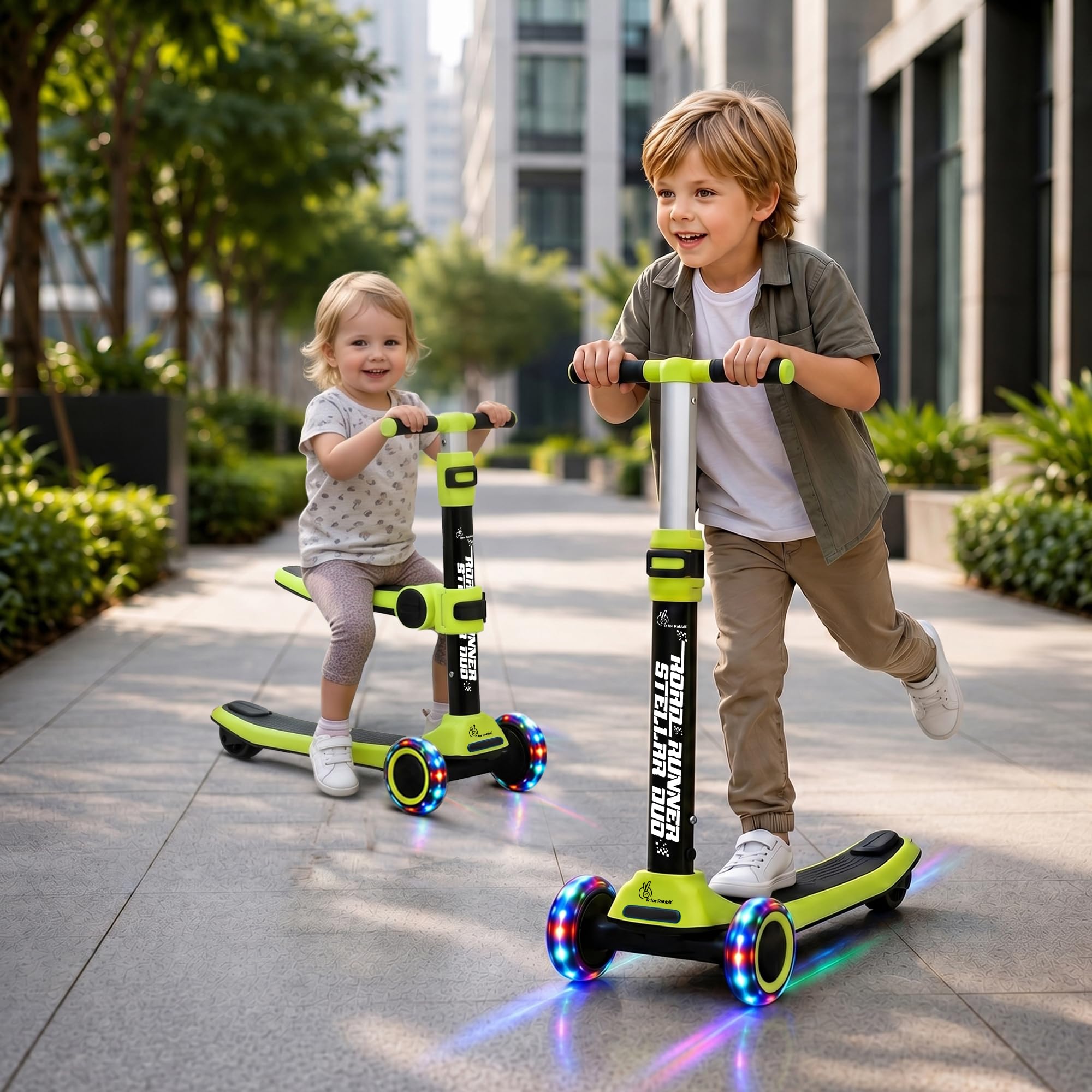 R for Rabbit Road Runner Stellar Duo 2-in-1 Kids Kick Scooter with Foldable & Detachable Ride-On Seat, 4-Level Adjustable Height, LED PU Wheels for Boys & Girls 3+ Years, Up to 75 kg (Neon Black)-image-12
