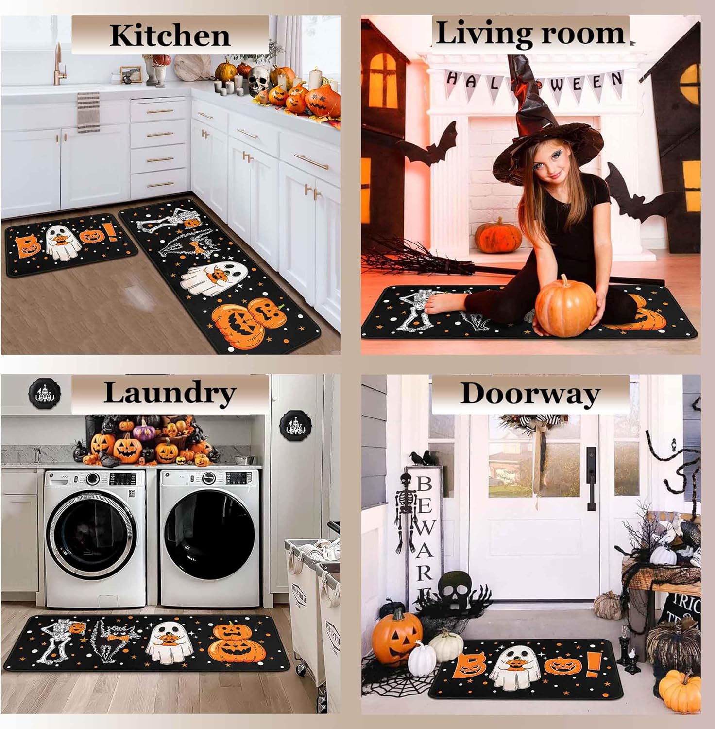 Halloween Kitchen Rugs and Mats for Floor, Halloween Decorations for Home, 2 Pcs Non-Slip Backing Pumpkin Mat, Halloween Decor Holiday Kitchen Rug Sets with Runner (Boo, 17"x47.2"+17"x30")