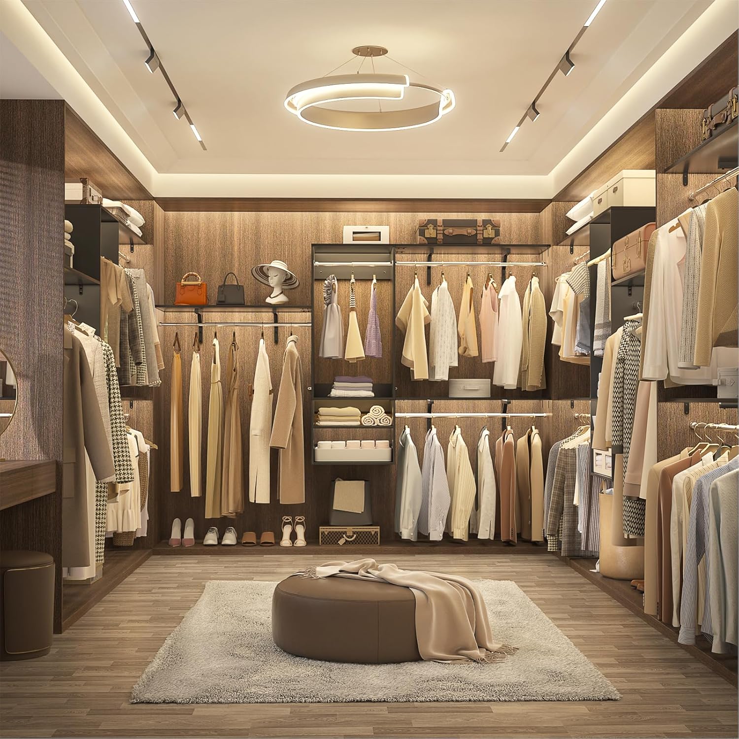 8FT Hanging Closet System, 96 Inch Closet Organizer Systems with Hanging Rod, Walk-In Mounted Closet System, Garment Rack with 3 Shelving Towers(Can Be Cut To Fit), Black