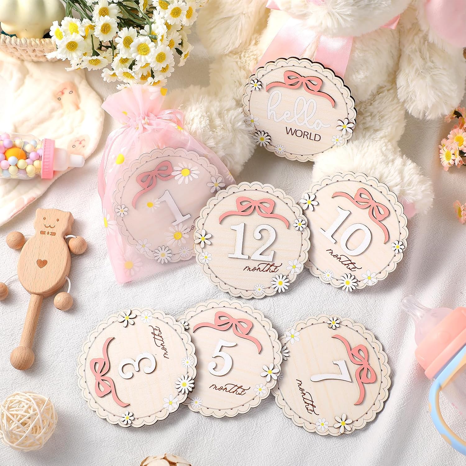 Cinnvoice 8 Pcs 3D Baby Milestone Cards with Bag Double Sided Bow Hello World Newborn Name Announcement Signs 1-12 Months Girl Daisy Milestone Wooden Circles for Newborn Baby Shower Girl Photo Props