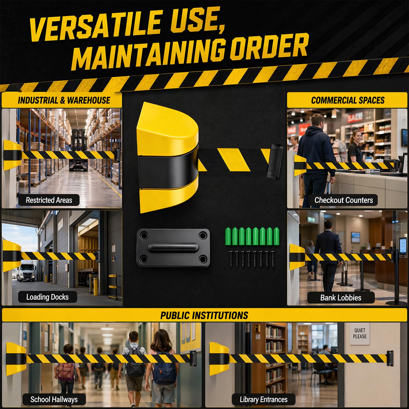 Nastro di sicurezza estensibile da 5 m, per montaggio a parete, con alloggiamento in ABS, nastro di sicurezza giallo-nero per code, guida personale e controllo degli accessi (giallo e nero)