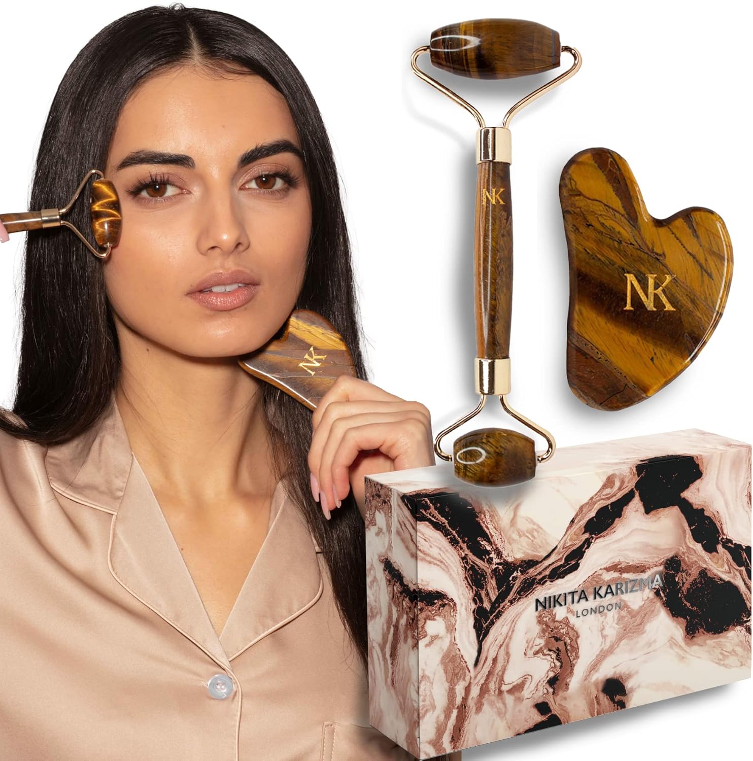 Jade Roller en Gua Sha Massage Tool Set. Tijgeroog Jade Stone Face Roller en Gua Sha Set met echte kristallen! Gift Boxed Facial Roller, Eye Roller en Skin Scraper Guasha Tool voor gezicht