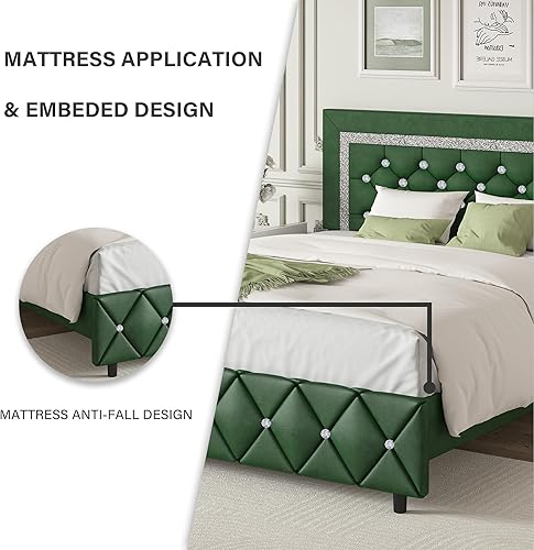 Miniatura 47 de BarnFurin - Base de cama matrimonial con cabecera capitoné, plataforma tapizada con diseño de diamante, base de colchón, soporte de listones de