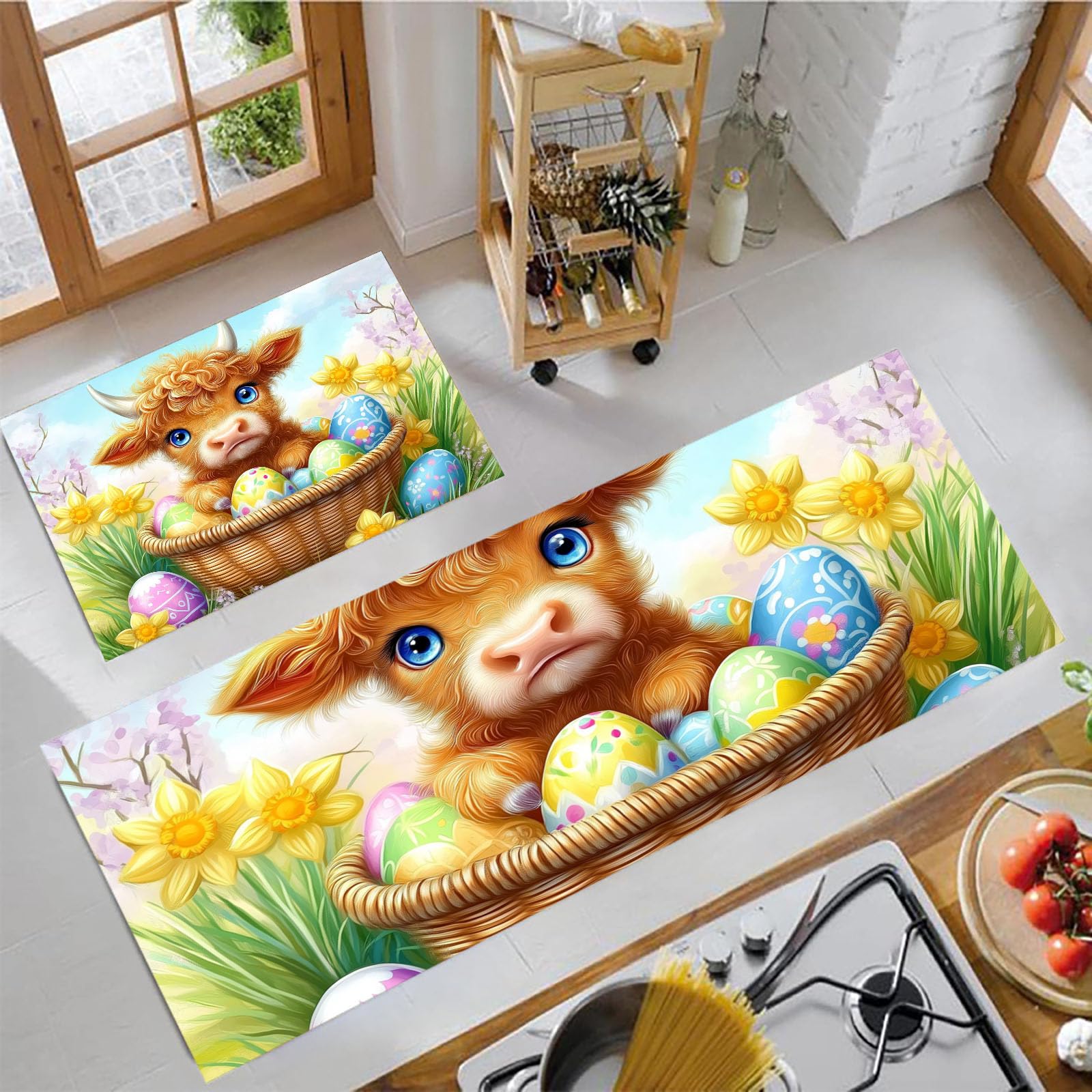 Tapis de cuisine antidérapant lavable motif vache lot de 2