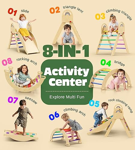 Miniatura 3 de Pikler - Juego de escalada triangular, 8 en 1 plegables para interiores, gimnasios de jungla para interiores, juego de madera para interiores, juego