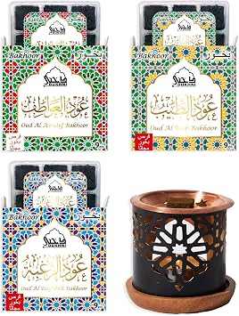 Dukhni Trio Variety Oud Bakhoor Set | 3 x 9pcs | Fruity Bakhoor Oud Incense | Agarwood Incense | Oud Teeb, Raghbah & Awatef Arabic Incense Gift set | Islamic Gifts | with an Exotic Bakhoor Burner