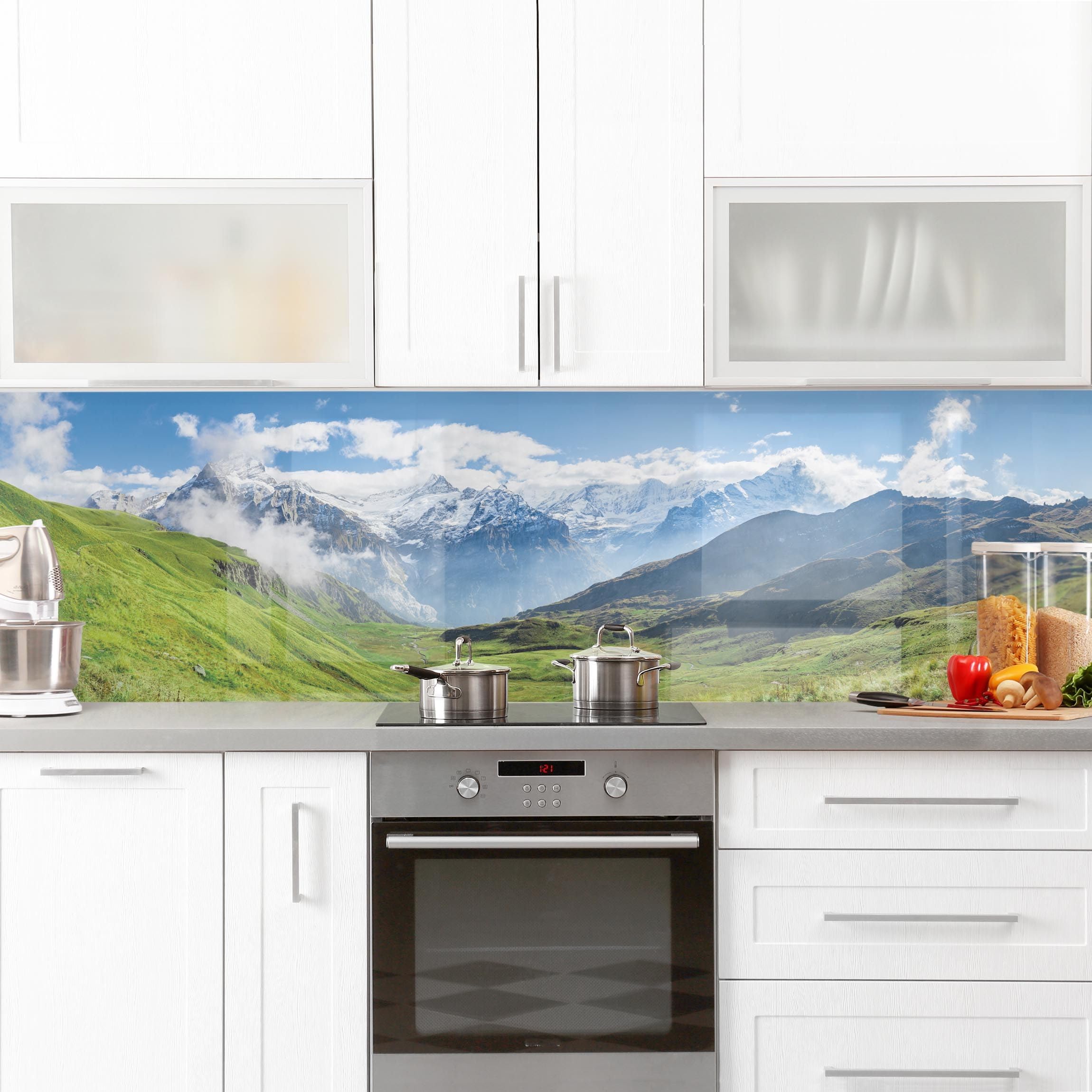 Küchenrückwand selbstklebend Jan Becke Natur ohne Bohren fugenlos - Made in Germany - Berg Modern matt Paneel grün Küche Herd Spritzschutz 1934 (140x40cm)
