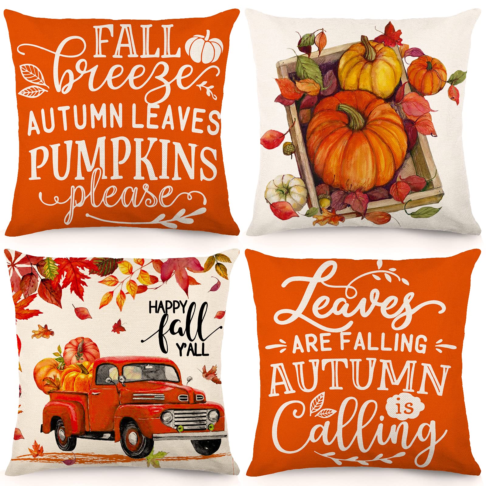 Bowount Fall Pillow Covers 18 x 18 Inch Set of 4 Autumn Throw Pillowcase Farmhouse Pumpkin Truck Vintage Thanksgiving Decorations Linen Cushion Case for Home Decor
