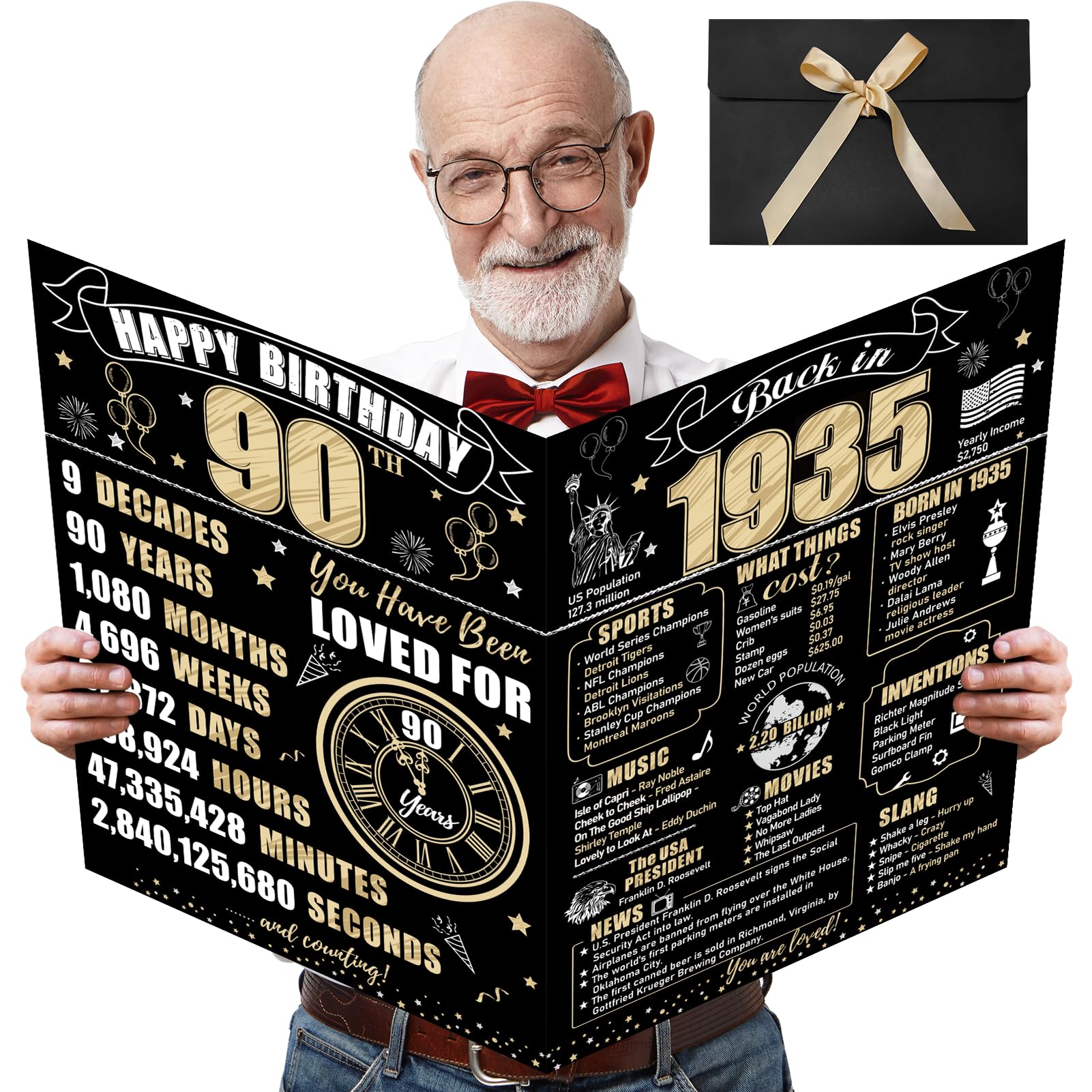 Large 90th Birthday Card With Envelope for Men Women, 1935 Black Gold Happy 90th Birthday Giant Guest Signature Book Gifts, Big Vintage 1935 90th Greeting Card Decoration Party Supplies