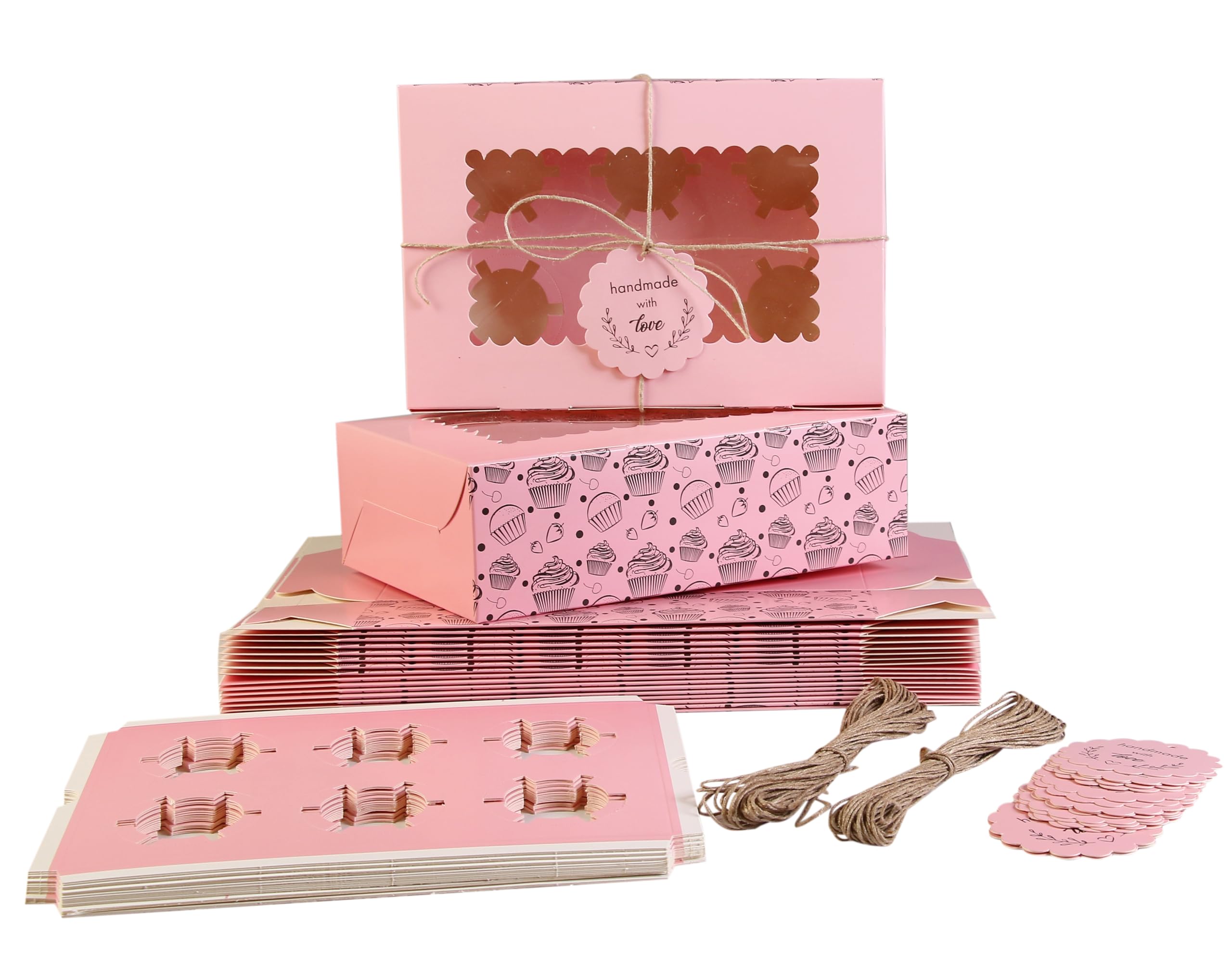 mudrit Cupcake Boxes with Insert trays (Pack of 20), Pink Cupcake Carrier, Food Grade Bakery Boxes with Windows and Inserts to Fit 6 Cupcakes Muffins or Pastries