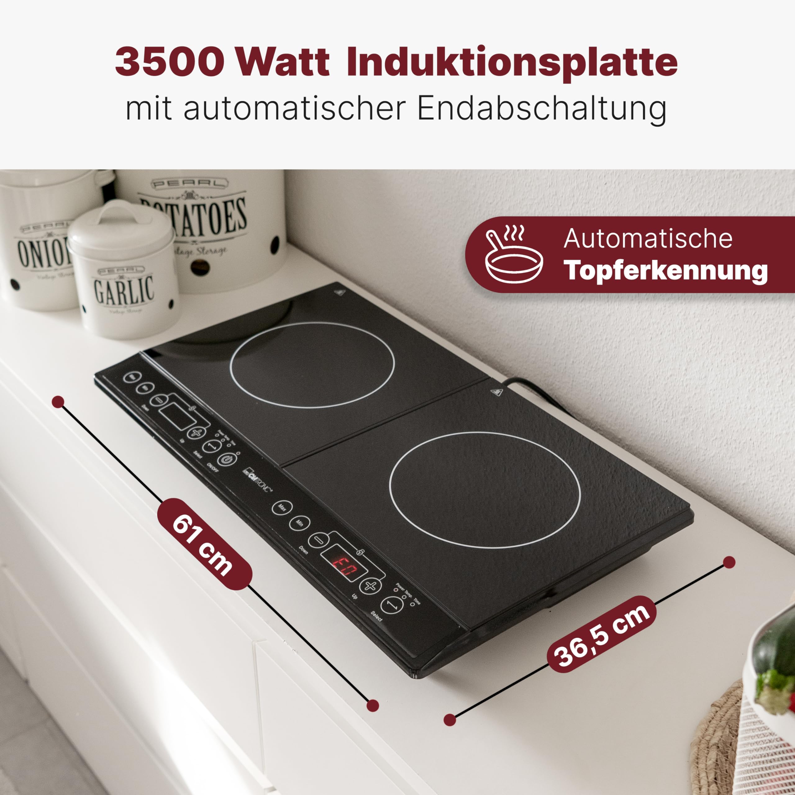 Clatronic DKI 3609 Induktions-Doppelkochplatte mit ECO-Save-Technologie und Sensor Touch-Bedienfeld