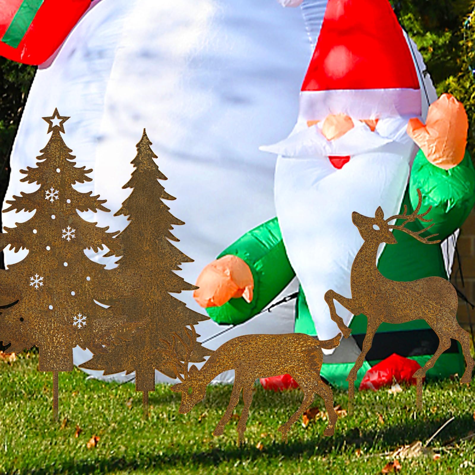 4 Decorazioni Da Giardino In Metallo Arrugginito - Cervo E Albero Di Natale, Per Esterni E Prati - Foto 8