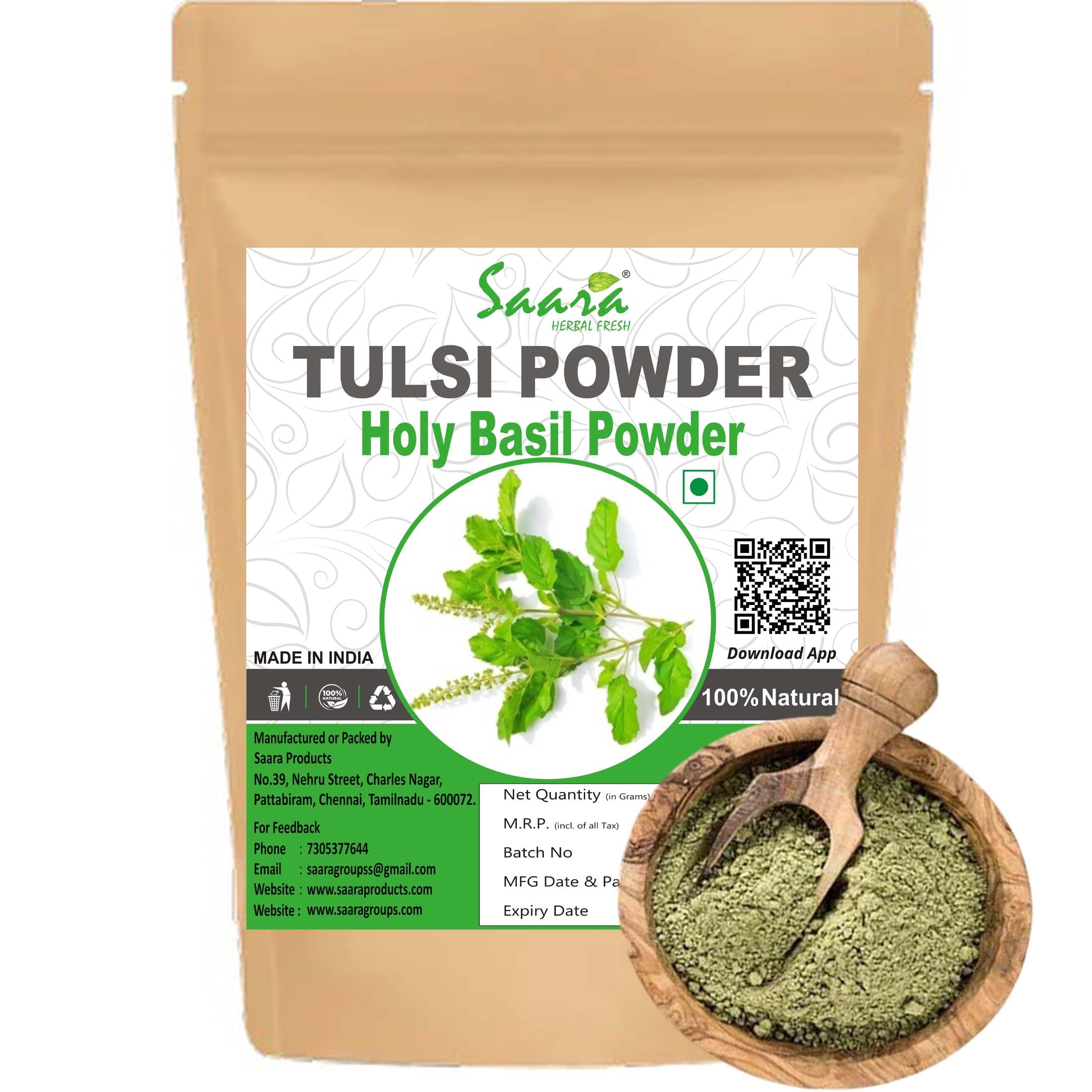 Saara HERBAL FRESH Tulsi Leaf Powder, 100g, Holy Basil Leaf Powder, Tulasi, Manjari, Krishna Tulsi, (Pack of 1)