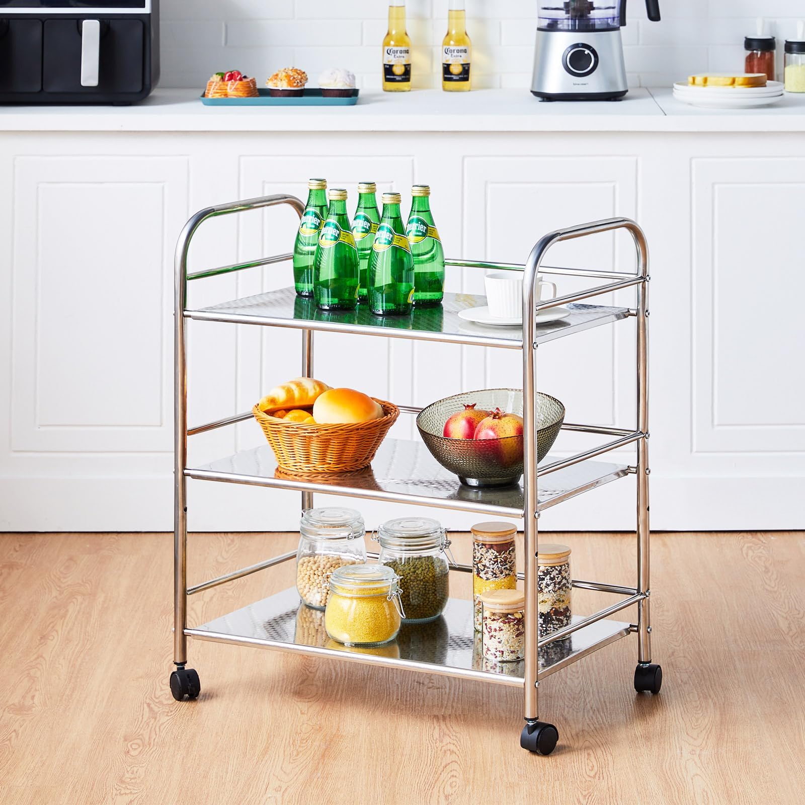 CLIPOP Carrito utilitario de acero inoxidable de 3 niveles, carrito de isla de cocina con ruedas bloqueables, carrito de almacenamiento para cocina, restaurantes y hogares de cuidados (35 x 50 x 75
