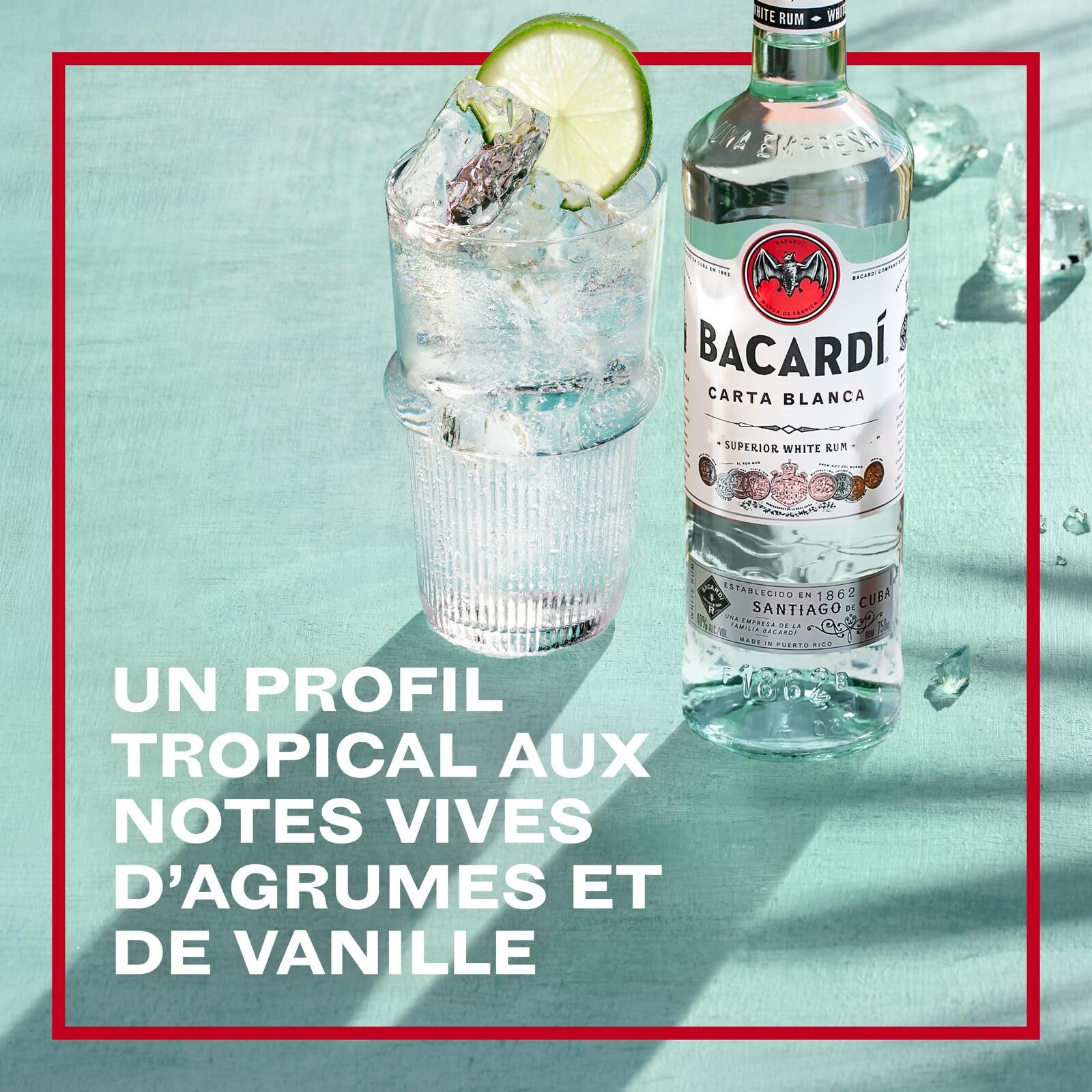 BACARDI Carta Blanca Superior White Rum - 1 l / 100 cl, 37,5% Vol. - Rhum Emblématique des Caraïbes, Idéal pour la Réalisation de Cocktails