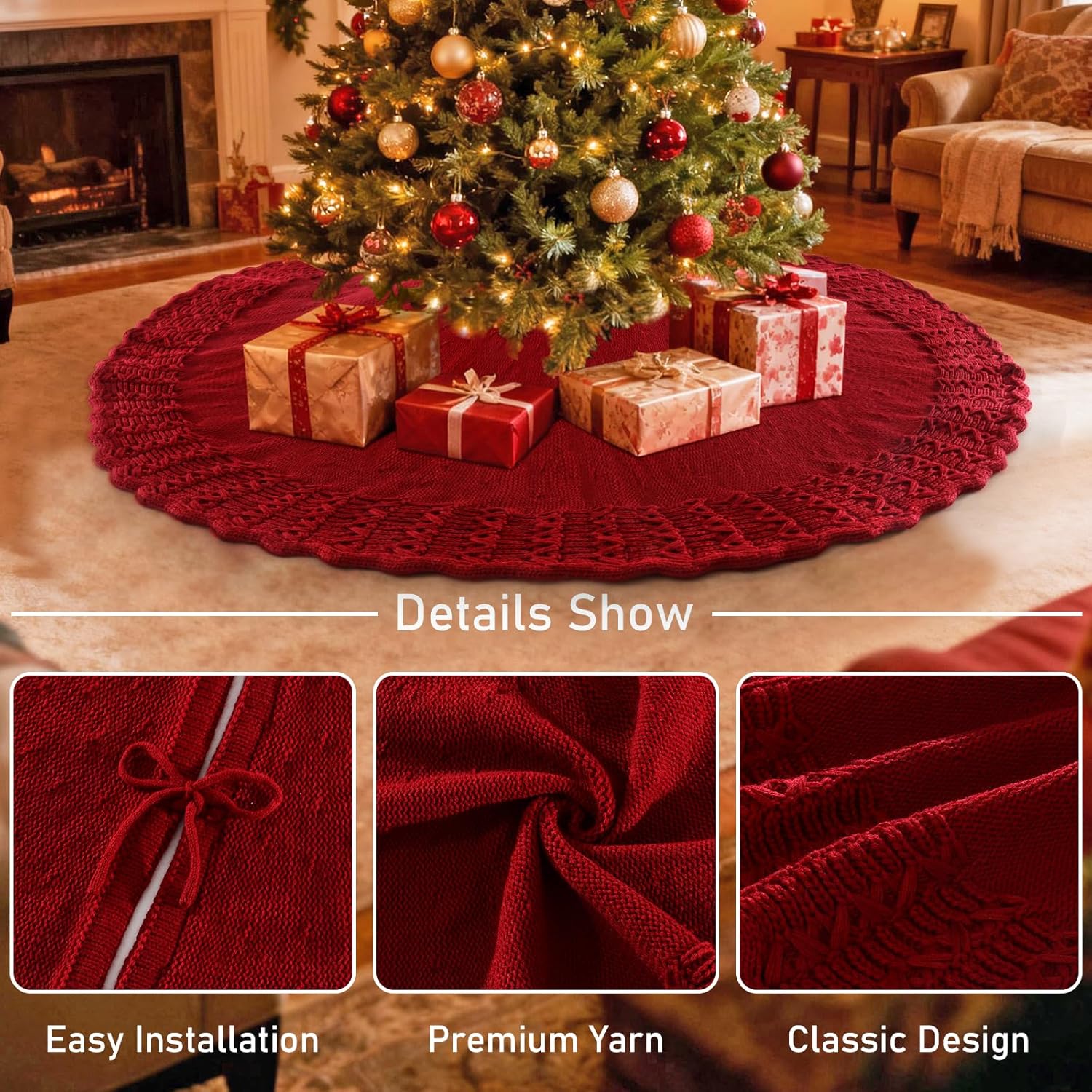 SOMYTING Christmas Tree Skirt 36 Inch Knitted Xmas Tree Skirt Cable Knit Tree Skirt Christmas Tree Decorations for Farmhouse Xmas Holiday Home Party(Red, 36in)