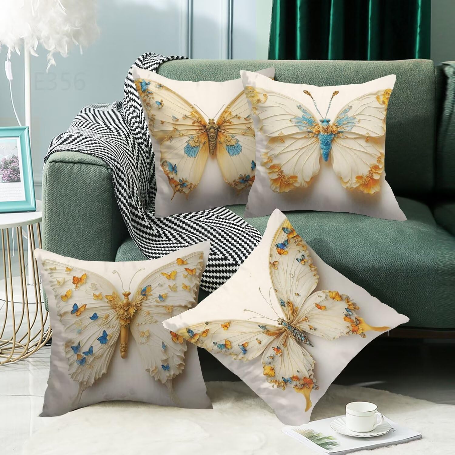 Giallo chiaro Federe Cuscini Divano 50x50cm,4 Pack Farfalla Estate Esterno Cuscini per Divano,Doppio Lato Quadrato Morbido Cuscini Divano,per Divano Soggiorno Sedia Autunno Dekoration Cuscino LY-356