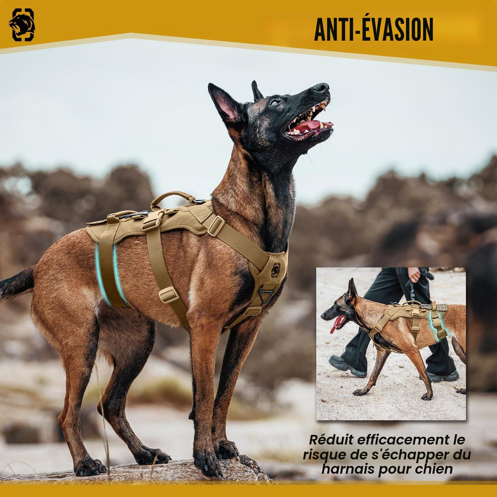 OneTigris Harnais pour chien, Harnais tactique T-Bone avec 2 poignées - Anti-évasion - Réglable - Harnais de poitrine pour chiens pour la chasse, la randonnée, l'entraînement, la promenade, les