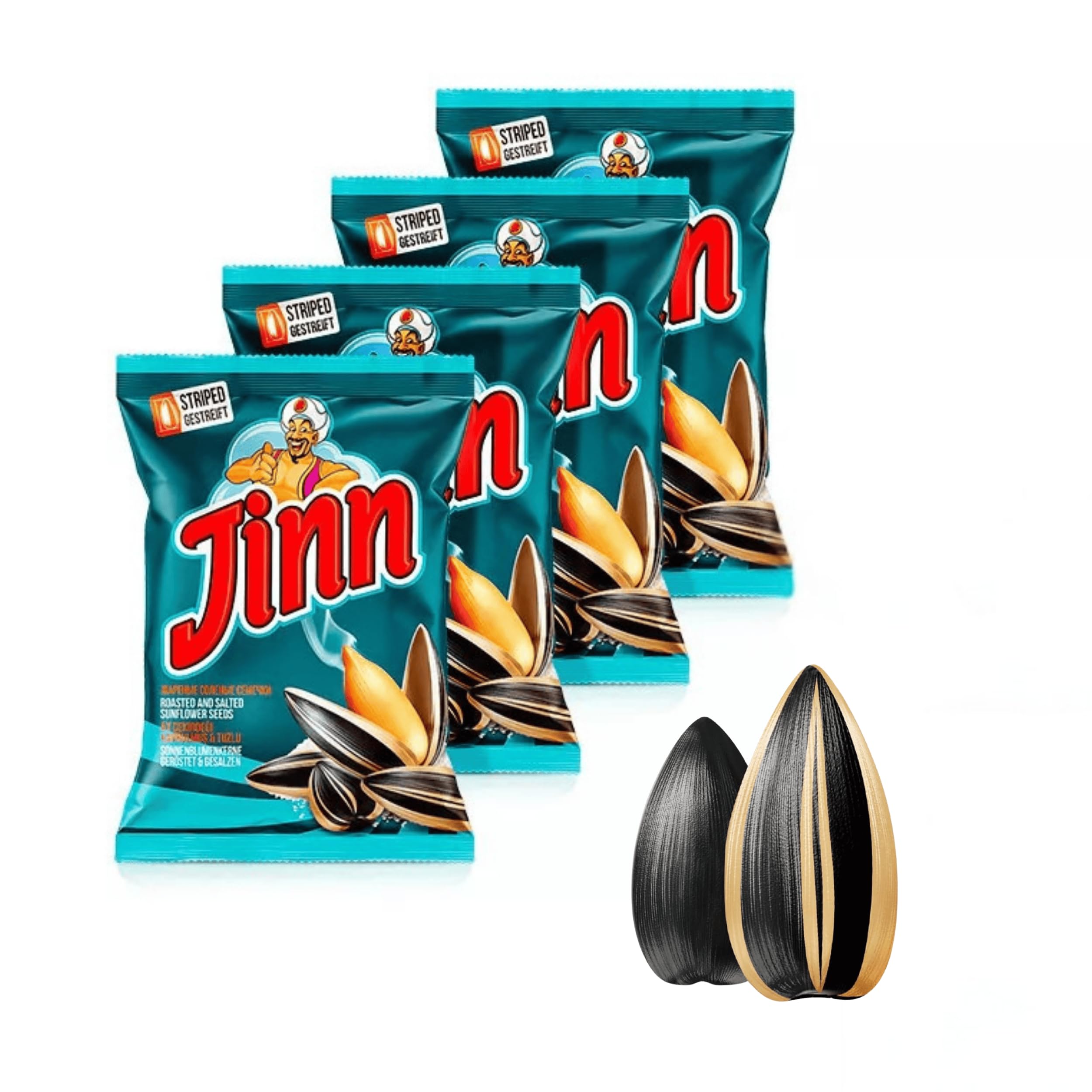 4 x 250g Jinn Geröstete Sonnenblumenkerne mit Schale | Perfekt für Snacks und Pausen | Ohne Zusatzstoffe, Natürlich | 100% Frisch und Knusprig (4 Stück, Gesalzen)